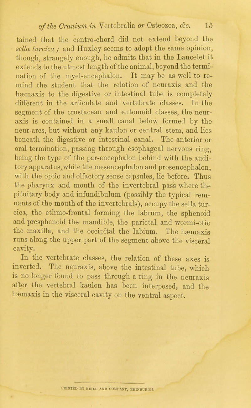 tained that the centro-cliord did not extend beyond the sella turcica ; and Huxley seems to adopt the same opinion, though, strangely enough, he admits that in the Lancelot it extends to the utmost length of the animal, beyond the termi- nation of the myel-encephalon. It may be as well to re- mind the student that the relation of neuraxis and the hsemaxis to the digestive or intestinal tube is completely different in the articulate and vertebrate classes. In the segment of the crustacean and entomoid classes, the neur- axis is contained in a small canal below formed by the neur-arcs, but without any kaulon or central stem, and lies beneath the digestive or intestinal canal. The anterior or oral termination, passing through esophageal nervous ring, being the type of the par-encephalon behind with the audi- tory apparatus, while the mesencephalon and prosencephalon, with the optic and olfactory sense capsules, lie before. Thus the pharynx and mouth of the invertebral pass where the pituitary body and infundibulum (possibly the typical rem- nants of the mouth of the invertebrals), occupy the sella tur- cica, the ethmo-frontal forming the labrum, the sphenoid and presphenoid the mandible, the parietal and wormi-otic the maxilla, and the occipital the labium. The h^maxis runs along the upper part of the segment above the visceral cavity. In the vertebrate classes, the relation of these axes is inverted. The neuraxis, above the intestinal tube, which is no longer found to pass through a ring in the neuraxis after the vertebral kaulon has been interposed, and the hasmaxis in the visceral cavity on the ventral aspect. I'ltlNTED BY NEILL AND COJU>,U!r, EDINDUKOH.