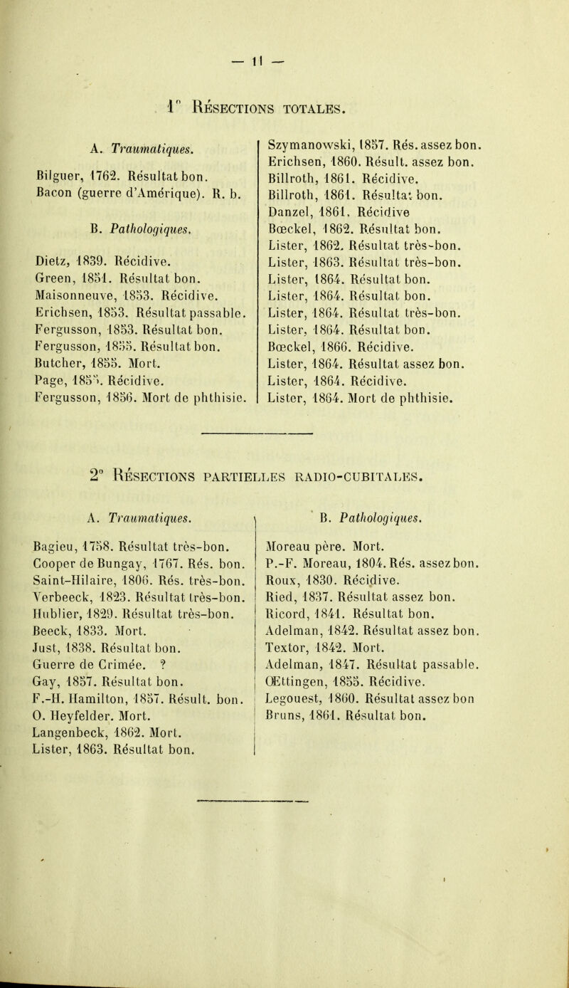 -11— 1° RÉSECTIONS TOTALES. A. Traumatiques. Bilguer, 1762. Résultat bon. Bacon (guerre d'Amérique). R. b. B. Pathologiques. Dietz, 1839. Récidive. Green, 1851. Résultat bon. Maisonneuve, 1853. Récidive. Erichsen, 1853. Résultat passable. Fergusson, 1853. Résultat bon. Fergusson, 1855. Résultat bon. Butcher, 1855. Mort. Page, 185). Récidive. Fergusson, 1856. Mort de phthisie. Szymanowski, 1857. Rés. assez bon. Erichsen, 1860. Résuit, assez bon. Billroth, 1861. Récidive. Billroth, 1861. Résultat bon. Danzel, 1861. Récidive Bœckel, 1862. Résultat bon. Lister, 1862. Résultat très-bon. Lister, 1863. Résultat très-bon. Lister, 1864. Résultat bon. Lister, 1864. Résultat bon. Lister, 1864. Résultat très-bon. Lister, 1864. Résultat bon. Bœckel, 1866. Récidive. Lister, 1864. Résultat assez bon. Lister, 1864. Récidive. Lister, 1864. Mort de phthisie. 2° RÉSECTIONS PARTIELLES RADIO-CUBITALES. A. Traumatiques. Bagieu, 1758. Résultat très-bon. Cooper de Bungay, 1767. Rés. bon. Saint-Hilaire, 1806. Rés. très-bon. Verbeeck, 1823. Résultat très-bon. Hublier, 1829. Résultat très-bon. Beeck, 1833. Mort. Just, 1838. Résultat bon. Guerre de Crimée. ? Gay, 1857. Résultat bon. F.-H. Hamilton, 1857. Résuit. bon. 0. Heyfelder. Mort. Langenbeck, 1862. Mort. Lister, 1863. Résultat bon. B. Pathologiques. Moreau père. Mort. P.-F. Moreau, 1804. Rés. assez bon. Roux, 1830. Récidive. Ried, 1837. Résultat assez bon. Ricord, 1841. Résultat bon. Adelman, 1842. Résultat assez bon. Textor, 1842. Mort. Adelman, 1847. Résultat passable. OEttingen, 1855. Récidive, j Legouest, 1860. Résultat assez bon ! Bruns, 1861. Résultat bon. p