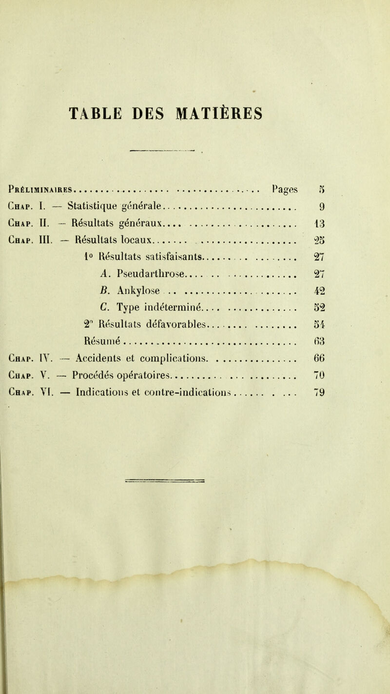 TABLE DES MATIÈRES Préliminaires Pages 5 Chap. I. — Statistique générale 9 Chap. IL — Résultats généraux 13 Chap. III. — Résultats locaux 25 1° Résultats satisfaisants 27 A. Pseudarthrose.... 27 B. Ankylose 42 C. Type indéterminé 52 2° Résultats défavorables 54 Résumé 63 Chap. IY. — Accidents et complications 66 Chap. V. — Procédés opératoires 70 Chap. VI. — Indications et contre-indications 79