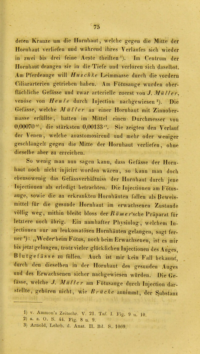 deten Kränze um die Hornhaut, Avelche gegen die Mitte der Hornhaut verliefen und Avährend ihres Verlaufes sich wieder in zwei bis drei feine Aeßte theilten'). Im Centrum der Hornhaut drangen sie in die Tiefe und verloren sich daselbst. Am Pferdeauge will Huschke Leimmasse durch die vordem Ciliararterien getrieben haben. Am Fötusauge wurden ober- flächliche Gefässe und zwar arterielle zuerst von J. Müller^ venöse von Heule durch Injection nachgewiesen*). Die Gefiisse, welche Müller an einer Hornhaut mit Zinnober- niasse erfüllte, hatten im Mittel einen Durchmesser vou 0,00070, die stärksten 0,00133 ^ Sie zeigten den Verlauf der Venen, welche auastomosirend und mehr oder weniger geschlängelt gegen die Mitte der Hornhaut verliefen, ohne dieselbe aber zu erreichen. So wenig man nun sagen kann, dass Gefässe der Horn- haut noch nicht injicirt worden wären, so kann man doch ebensowenig das Gefässverhältniss der Hornhaut durch jene Injectionen als erledigt betrachten. Die Injectionen am Fötus- auge, sowie die an erkrankten Hornhäuten fallen als Beweis- mittel für die gesunde Hornhaut im erwachseneu Zustande völlig weg, mithin bleibt bloss der i?ö/yier'sche Präparat lÜr letztere uoch übrig. Ein namhafter Physiolog, welchem In- jectionen nur an leukomatösen Hornhäuten gelangen, sagt fer- ner*):, „Wederbeim Fötus, noch beim Erwachsenen, ist es mir bis jetzt gelungen, trotz vieler glücklichen Injectionen des Auges, Blutgefässe zu füllen. Auch ist mir kein Fall bekannt, durch den dieselben in der Hornhaut des gesunden Auges und des Erwachsenen sicher nachgewiesen würden. Die Ge- fässe, welche 7. Müller am Fötusauge durch Injection dar- stellte, gehören nicht, wie Brücke annimmt, der Substanz 1) V. Ammon's Zeitschr. V. 21. Taf. I. Pig. «J „. jo. 2) a. a. 0. S. 44. Fig. 8 u. 9. 3) Arnold, Lchib. d. Anat. II, Bd. S.. 1009.