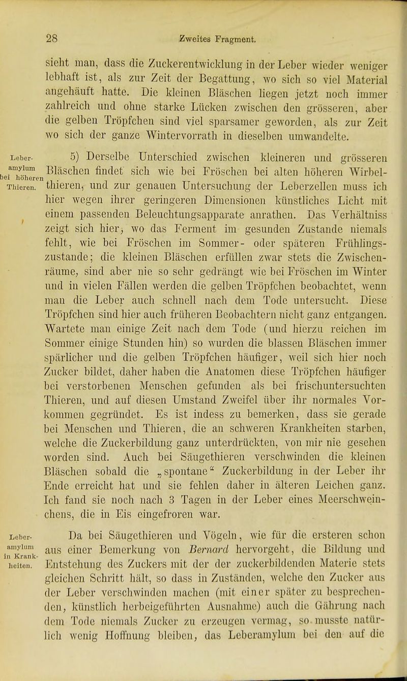 sieht man, dass die Ziickerentwicklung in der Leber wieder weniger lebhaft ist, als zur Zeit der Begattung, wo sich so viel Material angehäuft hatte. Die kleinen Bläschen liegen jetzt noch immer zahlreich und ohne starke Lücken zwischen den grösseren, aber die gelben Tröpfchen sind viel sparsamer geworden, als zur Zeit wo sich der ganze Wintervorrath in dieselben umwandelte. Leber- 5) Derselbe Unterschied zwischen kleineren und grösseren amyium Bläschcn findet sich wie bei Fröschen bei alten hölieren Wirbel- bei höheren Thieren. thicreu, Und zur genauen Untersuchung der Leberzelleu muss ich hier wegen ihrer geringeren Dimensionen künstliches Licht mit ^ einem passenden Beleuchtungsapparate anrathen. Das Verhältniss zeigt sich hier, wo das Ferment im gesunden Zustande niemals fehlt, wie bei Fröschen im Sommer- oder späteren Frühhngs- zustande; die kleinen Bläschen erfüllen zwar stets die Zwischen- räume; sind aber nie so sehr gedrängt wie bei Fröschen im Winter und in vielen Fällen werden die gelben Tröpfchen beobachtet, wenn mau die Leber auch schnell nach dem Tode untersucht. Diese Tröpfchen sind hier auch früheren Beobachtern nicht ganz entgangen. Wartete man einige Zeit nach dem Tode (uud hierzu reichen im Sommer einige Stunden hin) so wurden die blassen Bläschen immer spärlicher und die gelben Tröpfchen häufiger, weil sich hier noch Zucker bildet, daher haben die Anatomen diese Tröpfchen häufiger bei verstorbenen Menschen gefunden als bei frischuntersuchten Thieren, uud auf diesen Umstand Zweifel über ihr normales Vor- kommen gegründet. Es ist indess zu bemerken, dass sie gerade bei Menschen und Thieren, die an schweren Krankheiten starben, welche die Zuckerbildung ganz unterdrückten, von mir nie gesehen worden sind. Auch bei Säugetliieren verschwinden die kleinen Bläschen sobald die „spontane Zuckerbildung in der Leber ihr Ende erreicht hat und sie fehlen daher in älteren Leichen ganz. Ich fand sie noch nach 3 Tagen in der Leber eines Meerschwein- chens, die in Eis eingefroren war. Leber- Da bei Säugetliieren und Vögeln, wie für die ersteren schon amyium ^^^^ gjj^gj, Bemerkung von Bernard hervorgeht, die Bildung und in Krank- ° i T-i i n -«t • hciten. Entstehung des Zuckers mit der der zuckerbildenden Materie stets gleichen Schritt hält, so dass in Zuständen, welche den Zucker aus der Leber verschwinden machen (mit einer später zu besprechen- den, künstlich herbeigeführten Ausnahme) auch die Gährung nach dem Tode niemals Zucker zu erzeugen vermag, so musste natür- lich wenig Hoffnung bleiben, das Leberamylum bei den auf die