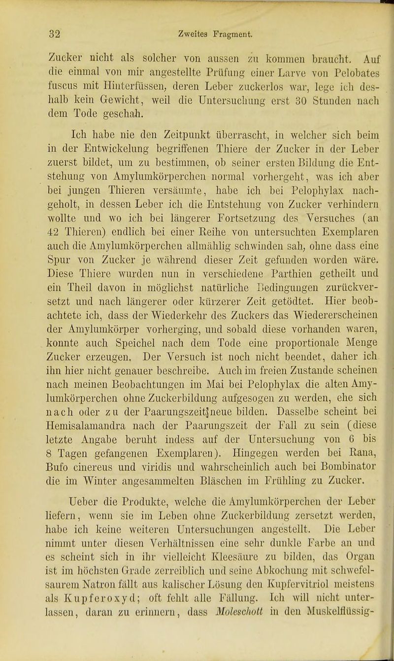 Zucker nicht als solcher von aussen zu kommen braucht. Auf die einmal von mir angestellte Prüfung einer Larve von Pelobates fuscus mit Hinterfüssen; deren Leber zuckerlos war, lege ich des- halb kein Gewicht, weil die Untersuchung erst 30 Stunden nach dem Tode geschah. Ich habe nie den Zeitpunkt überrascht, in welcher sich beim in der Entwickelung begriffenen Thiere der Zucker in der Leber zuerst bildet, um zu bestimmen, ob seiner ersten Bildung die Ent- stehung von Amylumkörperchen normal vorhergeht, was ich aber bei jungen Thieren versäumte, habe ich bei Pelophylax nach- geholt, in dessen Leber ich die Entstehung von Zucker verhindern wollte und wo ich bei längerer Fortsetzung des Versuches (an 42 Thieren) endlich bei einer Reihe von untersuchten Exemplaren auch die Amylumkörperchen allraählig schwinden sah; ohne dass eine Spur von Zucker je während dieser Zeit gefunden worden wäre. Diese Thiere wurden nun in verschiedene Parthien getheilt und ein Theil davon in möghchst natürliche Bedingungen zurückver- setzt und nach längerer oder kürzerer Zeit getödtet. Hier beob- achtete ich, dass der Wiederkehr des Zuckers das Wiedererscheinen der Amylumkörper vorherging, und sobald diese vorhanden waren, konnte auch Speichel nach dem Tode eine proportionale Menge Zucker erzeugen. Der Versuch ist noch nicht beendet, daher ich ihn hier nicht genauer beschreibe. Auch im freien Zustande scheinen nach meinen Beobachtungen im Mai bei Pelophylax die alten Amy- lumkörperchen ohne Zuckerbildung aufgesogen zu werden, ehe sich nach oder zu der Paarungszeit^neue bilden. Dasselbe scheint bei Hemisalamandra nach der Paarungszeit der Fall zu sein (diese letzte Angabe beruht indess auf der Untersuchung von 6 bis 8 Tagen gefangenen Exemplaren). Hingegen werden bei Rana, Bufo cinereus und viridis und wahrscheinlich auch bei Bombinator die im Winter angesammelten Bläschen im Frühling zu Zucker. Ueber die Produkte, welche die Amylumicörperchen der Leber liefern, wenn sie im Leben ohne Zuckerbildung zersetzt werden, habe ich keine weiteren Untersuchungen angestellt. Die Leber nimmt unter diesen Verhältnissen eine sehr dunkle Farbe an und es scheint sich in ihr vielleicht Kleesäure zu bilden, das Organ ist im höchsten Grade zerreiblich und seine Abkochung mit schwefel- saurem Natron fällt aus kalischer Lösung den Kupfervitriol meistens als Kupferoxyd; oft fehlt alle Fällung. Ich will nicht unter- lassen, daran zu erinnern, dass Mokschott in den Muskelflüssig-