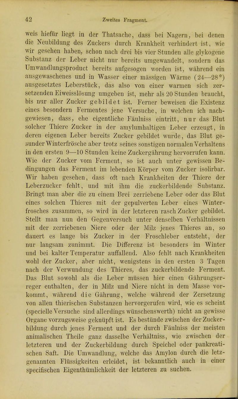 weis hiefür liegt in der Thatsache, dass bei Nagern, bei denen die Neubildung des Zuckers durch Krankheit verhindert ist, wie wir gesehen haben, schon nach drei bis vier Stunden alle glykogene Substanz der Leber nicht nur bereits umgewandelt, sondern das Umwandlungsproduct bereits aufgesogen worden ist, während ein ausgewaschenes und in Wasser einer massigen Wärme (24—28°) ausgesetztes Leberstück, das also von einer warmen sich zer- setzenden Eiweisslösung umgeben ist, mehr als 20 Stunden braucht, bis nur aller Zucker gebildet ist. Ferner beweisen die Existenz eines besondern Fermentes jene Versuche, in welchen ich nach- gewiesen, dass, ehe eigentliche Fäulniss eintritt, nur das Blut solcher Thiere Zucker in der amylumhaltigen Leber erzeugt, in deren eigenen Leber bereits Zucker gebildet Avurde, das Blut ge- sunder Winterfrösche aber trotz seines sonstigen normalen Verhaltens in den ersten 9—10 Stunden keine Zuckergährung hervorrufen kann. Wie der Zucker vom Ferment, so ist auch unter gewissen Be- dingungen das Ferment im lebenden Körper vom Zucker isolirbar. Wir haben gesehen, dass oft nach Krankheiten der Thiere der Leberzucker fehlt, und mit ihm die zuckerbildende Substanz. Bringt man aber die zu einem Brei zerriebene Leber oder das Blut eines solchen Thieres mit der gepulverten Leber eines Winter- frosches zusammen, so wird in der letzteren rasch Zucker gebildet. Stellt man nun den Gegenversuch unter denselben Verhältnissen mit der zerriebenen Niere oder der Milz jenes Thieres an, so dauert es lange bis Zucker in der Froschleber entsteht, der nur langsam zunimmt. Die Differenz ist besonders im Winter und bei kalter Temperatur auffallend. Also fehlt nach Krankheiten wohl der Zucker, aber nicht, wenigstens in den ersten 3 Tagen nach der Verwundung des Thieres, das zuckerbildende Ferment. Das Blut sowohl als die Leber müssen hier einen Gährungser- reger enthalten, der in Milz und Niere nicht in dem Masse vor- kommt, während die Gährung, welche während der Zersetzung von allen thierischen Substanzen hervorgerufen wird, wie es scheint (specielle Versuche sind allerdings wünschenswerth) nicht an gewisse Organe vorzugsweise geknüpft ist. Es bestünde zwischen der Zucker- bildung durch jenes Ferment und der durch Fäulniss der meisten animalischen Theile ganz dasselbe Verhältniss, wie zwischen der letzteren und der Zuckerbildung durch Speichel oder pautoeati- schen Saft. Die Umwandlung, welche das Amylon durch die letz- genannten Flüssigkeiten erleidet, ist bekanntlich auch in einer specifischen Eigenthümlichkeit der letzteren zu suchen.
