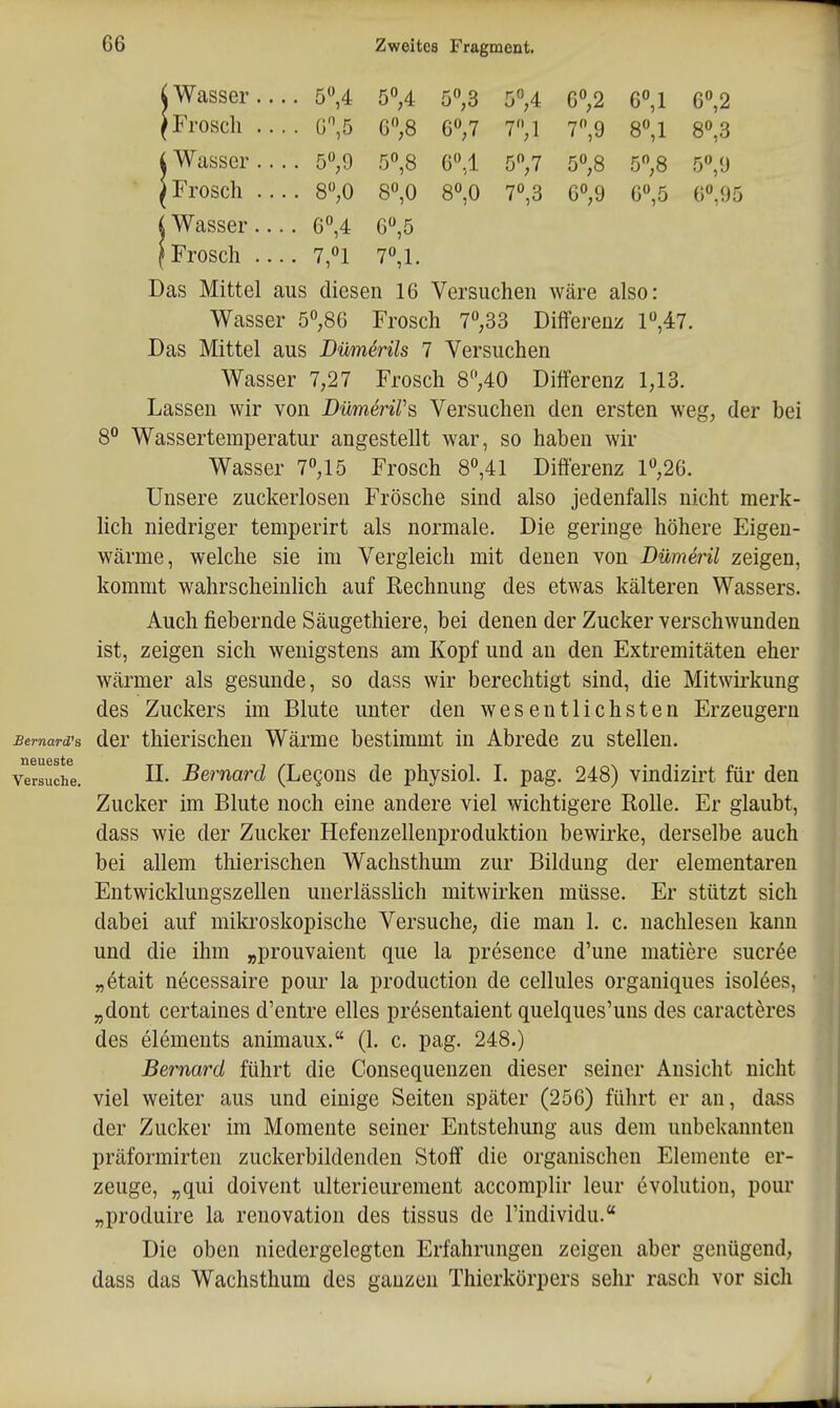 iWasser.... 5,4 5°,4 5°,3 5V 6°;2 6°,1 6'',2 ^Frosch .... 0^,5 6,8 6,7 7V 7,9 8,1 8,3 i Wasser .... 5,9 5»,8 6°,! 5,7 5»,8 5,8 5»,9 I Frosch .... 8;0 8,0 8°,0 7°,3 6°,9 G»,5 ü»,9o i Wasser 6,5 (Frosch 7,1 7,1. Das Mittel aus diesen 16 Versuchen wäre also: Wasser 5^86 Frosch 7°,33 Differenz 1,47. Das Mittel aus DümMls 7 Versuchen Wasser 7,27 Frosch 8;40 Differenz 1,13. Lassen wir von Dümerirs Versuchen den ersten weg, der bei 8° Wasserteraperatur angestellt war, so haben wir Wasser 7,15 Frosch 8»,41 Differenz 1°,26. Unsere zuckerlosen Frösche sind also jedenfalls nicht merk- lich niedriger temperirt als normale. Die geringe höhere Eigen- wärme, welche sie im Vergleich mit denen von Dümeril zeigen, kommt wahrscheinlich auf Rechnung des etwas kälteren Wassers. Auch fiebernde Säugethiere, bei denen der Zucker verschwunden ist, zeigen sich wenigstens am Kopf und an den Extremitäten eher wärmer als gesunde, so dass wir berechtigt sind, die Mitwirkung des Zuckers im Blute unter den wesentlichsten Erzeugern der thierischen Wärme bestimmt in Abrede zu stellen. IL Bernard (Legons de physiol. 1. pag. 248) vindizirt für den Zucker im Blute noch eine andere viel wichtigere Rolle. Er glaubt, dass wie der Zucker Hefenzellenproduktion bewirke, derselbe auch bei allem thierischen Wachsthum zur Bildung der elementaren Entwicklungszellen unerlässlich mitwirken müsse. Er stützt sich dabei auf mikroskopische Versuche, die man 1. c. nachlesen kann und die ihm „prouvaient que la presence d'une matiere sucr6e „6tait necessaire pour la production de cellules organiques isolees, „dont certaines d'entre elles pr6sentaient quelques'uns des caracteres des Clements animaux. (1. c. pag. 248.) Bernard führt die Consequenzen dieser seiner Ansicht nicht viel weiter aus und einige Seiten später (256) führt er an, dass der Zucker im Momente seiner Entstehung aus dem unbekannten präformirten zuckerbildenden Stoff die organischen Elemente er- zeuge, „qui doivent ulterieurement accomplir leur evolution, pour „produire la renovation des tissus de l'individu. Die oben niedergelegten Erfahrungen zeigen aber genügend, dass das Wachsthum des ganzen Thierkörpers sehr rasch vor sich /
