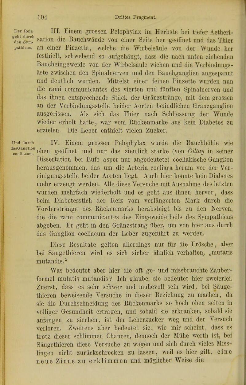 Der Reiz HI. Einem grossen Pelophylax im Herbste bei tiefer Aetheri- ^den syni-' ^ation die Baiichwände von einer Seite her geöffnet und das Thier pathicus. an einer Pinzette, welche die Wirbelsäule von der Wunde her festhielt, schwebend so aufgehängt, dass die nach unten ziehenden Baucheingeweide von der Wirbelsäule wichen und die Verbindungs- äste zwischen den Spinalnerven und den Bauchganglien angespannt und deutlich wurden. Mittelst einer feinen Pinzette wurden nun die rami communicantes des vierten und fünften Spinalnerven und das ihnen entsprechende Stück der Gränzsträuge, mit dem grossen an der Verbindungsstelle beider Aorten befindlichen Gränzganglion ausgerissen. Als sich das Thier nach Schliessung der Wunde wieder erholt hatte, war vom Rückenmarke aus kein Diabetes zu erzielen. Die Leber enthielt vielen Zucker. Und durch IV. Einem grossen Pelophylax wurde die Bauchhöhle wie oben geöffnet und nur das ziemlich starke (von Giltay in seiner Dissertation bei Bufo asper nur angedeutete) coeliakische Ganglion herausgenommen^ das um die Arteria coeliaca herum vor der Ver- einigungsstelle beider Aorten liegt. Auch hier konnte kein Diabetes mehr erzeugt werden. Alle diese Versuche mit Ausnahme des letzten wurden mehrfach wiederholt und es geht aus ihnen hervor, dass beim Diabetesstich der Reiz vom verlängerten Mark durch die Vorderstränge des Rückenmarks herabsteigt bis zu den Nerven, die die rami communicantes des Eingeweidetheils des Sympathicus abgeben. Er geht in den Gränzstrang über, um von hier aus durch das Ganglion coeliacum der Leber zugeführt zu werden. Diese Resultate gelten allerdings nur für die Frösche, aber bei Säugethieren wird es sich sicher ähnlich verhalten, „mutatis mutandis. Was bedeutet aber hier die oft ge- und missbrauchte Zauber- formel mutatis mutandis? Ich glaube, sie bedeutet hier zweierlei. Zuerst, dass es sehr schwer und mühevoll sein wird, bei Säuge- thieren beweisende Versuche in dieser Beziehung zu raachen, da sie die Durchschneidung des Rückenmarks so hoch oben selten in völliger Gesundheit ertragen, und sobald sie erkranken, sobald sie anfangen zu siechen, ist der Leberzucker weg und der Versuch verloren. Zweitens aber bedeutet sie, wie mir scheint, dass es trotz dieser schlimmen Chancen, dennoch der Mühe werth ist, bei Säugethieren diese Versuche zu wagen und sich durch vieles Miss- lingen nicht zurückschrecken zu lassen, weil es hier gilt, eine neue Zinne zu erklimmen und möglicher Weise die