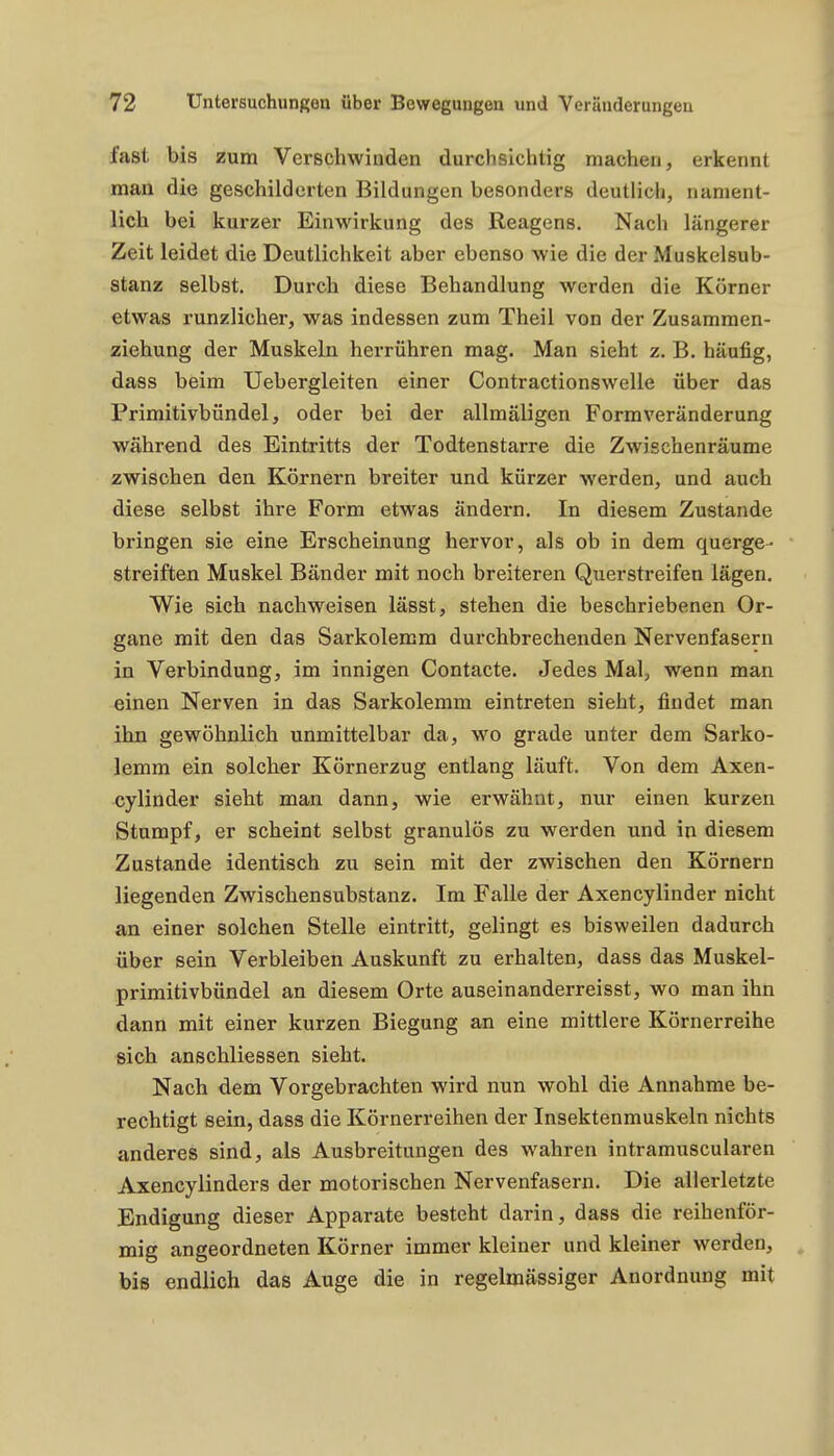 fast bis zum Verschwinden durchslclitig machen, erkennt man die geschilderten Bildungen besonders deutlich, nament- lich bei kurzer Einwirkung des Reagens. Nach längerer Zeit leidet die Deutlichkeit aber ebenso wie die der Muskelsub- stanz selbst. Durch diese Behandlung werden die Körner etwas runzlicher, was indessen zum Theil von der Zusammen- ziehung der Muskeln herrühren mag. Man sieht z. B. häufig, dass beim Uebergleiten einer Contractionswelle über das Primitivbündel, oder bei der allmäligen Formveränderung während des Eintritts der Todtenstarre die Zwischenräume zwischen den Körnern breiter und kürzer werden, und auch diese selbst ihre Form etwas ändern. In diesem Zustande bringen sie eine Erscheinung hervor, als ob in dem querge- streiften Muskel Bänder mit noch breiteren Querstreifen lägen. Wie sich nachweisen lässt, stehen die beschriebenen Or- gane mit den das Sarkolemm durchbrechenden Nervenfasern in Verbindung, im innigen Contacte. Jedes Mal, wenn man einen Nerven in das Sarkolemm eintreten sieht, findet man ihn gewöhnlich unmittelbar da, wo grade unter dem Sarko- lemm ein solcher Körnerzug entlang läuft. Von dem Axen- cylinder sieht man dann, wie erwähnt, nur einen kurzen Stampf, er scheint selbst granulös zu werden und in diesem Zustande identisch zu sein mit der zwischen den Körnern liegenden Zwischensubstanz. Im Falle der Axencylinder nicht an einer solchen Stelle eintritt, gelingt es bisweilen dadurch über sein Verbleiben Auskunft zu erhalten, dass das Muskel- primitivbündel an diesem Orte auseinanderreisst, wo man ihn dann mit einer kurzen Biegung an eine mittlere Körnerreihe sich anschliessen sieht. Nach dem Vorgebrachten wird nun wohl die Annahme be- rechtigt sein, dass die Körnerreihen der Insektenmuskeln nichts anderes sind, als Ausbreitungen des wahren intramuscularen Axencylinders der motorischen Nervenfasern. Die allerletzte Endigung dieser Apparate besteht darin, dass die reihenför- mig angeordneten Körner immer kleiner und kleiner werden, biß endlich das Auge die in regelmässiger Anordnung mit