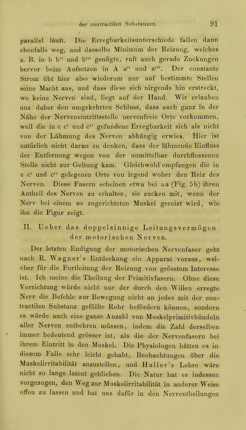 parallel läuft. Die Erregbarkeitsunterschiede fallen dann ebenfalls weg, und dasselbe Minimum der Reizung, welches z. B, in b b und b' genügte, ruft auch gerade Zuckungen hervor beim Aufsetzen in A a und a'. Der constante Strom übt hier also wiederum nur auf bestimmte Stellen seine Macht aus, und dass diese sich nirgends hin erstreckt, wo keine Nerven sind, liegt auf der Hand. Wir erlauben uns daher den umgekehrten Schluss, dass auch ganz in der Nähe der Nerveneintrittsstelle nervenfreie Orte vorkommen, weil die in c c' und c gefundene Erregbarkeit sich als nicht von der Lähmung des Nerven abhängig erwies. Hier ist natürlich nicht daran zu denken, dass der lähmende Einfluss der Entfernung wegen von der unmittelbar durchflossenen Stelle nicht zur Geltung kam. Gleichwohl empfangen die in c c' und c gelegenen Orte von irgend woher den Reiz des Nerven. Diese Fasern scheinen etwa bei aa (Fig. 5 b) ihren Antheil des Nerven zu erhalten, sie zucken mit, wenn der Nerv bei einem so zugerichteten Muskel gereizt wird, wie ihn die Figur zeigt. n. Ueber das doppelsinnige Leitungsvermögen der motorischen Nerven. Der letzten Endiguug der motorischen Nervenfaser geht nach R. Wagner's Entdeckung ein Apparat voraus, wel- cher für die Portleitung der Reizung von grösstem Interesse ist. Ich meine die Theilung der Primitivfasern. Ohne diese Vorrichtung würde nicht nur der durch den Willen erregte Nerv die Befehle zur Bewegung nicht an jedes mit der con- tractilen Substanz gefüllte Rohr befördern können, sondern es würde auch eine ganze Anzahl von Muskelprimitivbündeln aller Nerven entbehren müssen, indem die Zahl derselben immer bedeutend grösser ist, als die der Nervenfasern bei ih rem Eintritt in den Muskel. Die Physiologen hätten es in diesem Falle sehr leicht gehabt, Beobachtungen über die Muskelirritabilität anzustellen, und Hall er's Lehre wäre nicht so lange latent geblieben. Die Natur hat es indessen vorgezogen, den Weg zur Muskelirritabilität in anderer Weise offen zu lassen und hat uns dafür in den Nerventheilungen