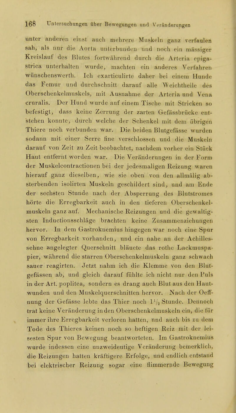 unter anderen einst auch mehrere Muskeln ganz verfaulen sah, als nur die Aorta unterbunden und noch ein massiger Kreislauf des Blutes fortwährend durch die Arteria epiga- strica unterhalten wurde, machten ein anderes Verfahren wünschenswerth. Ich exarticulirte daher bei einem Hunde das Femur und durchschnitt darauf alle Weichtheile des Oberschenkelmuskels, mit Ausnahme der Arteria und Vena cruralis. Der Hund wurde auf einem Tische mit Stricken so befestigt, dass keine Zerrung der zarten Gefässbrücke ent- stehen konnte, durch welche der Schenkel mit dem übrigen Thiere noch verbunden war. Die beiden Blutgefässe wurden sodann mit einer Serre fine verschlossen und die Muskeln darauf von Zeit zu Zeit beobachtet, nachdem vorher ein Stück Haut entfernt worden war. Die Veränderungen in der Form der Muskelcontractionen bei der jedesmaligen Reizung waren hierauf ganz dieselben, wie sie oben von den allmälig ab- sterbenden isolirten Muskeln geschildert sind, und am Ende der sechsten Stunde nach der Absperrung des Blutstromes hörte die Erregbarkeit auch in den tieferen Oberschenkel- muskeln ganz auf. Mechanische Reizungen und die gewaltig- sten Inductionsschläge brachten keine Zusammenziehungen hervor. In dem Gastroknemius hingegen war noch eine Spur von Erregbarkeit vorhanden, und ein nahe an der Achilles- sehne angelegter Querschnitt bläuete das rothe Lackrauspa- pier, während die starren Oberschenkelmuskeln ganz schwach sauer reagirten. Jetzt nahm ich die Klemme von den Blut- gefässen ab, und gleich darauf fühlte ich nicht nur den Puls in der Art. poplitea, sondern es drang auch Blut aus den Haut- wunden und den Muskelquerschnitten hervor. Nach der Oeff- nung der Gefässe lebte das Thier noch l'/a Stunde. Dennoch trat keine Veränderung in den Oberschenkelrauskeln ein, die für immer ihre Erregbarkeit verloren hatten, nnd auch bis zu dem Tode des Thieres keinen noch so heftigen Reiz mit der lei- sesten Spur von Bewegung beantworteten. Im Gastroknemius wurde indessen eine unzweideutige Veränderung bemerklich, die Reizungen hatten kräftigere Erfolge, und endlich entstand bei elektrischer Reizung sogar ejne flimmernde Bewegung