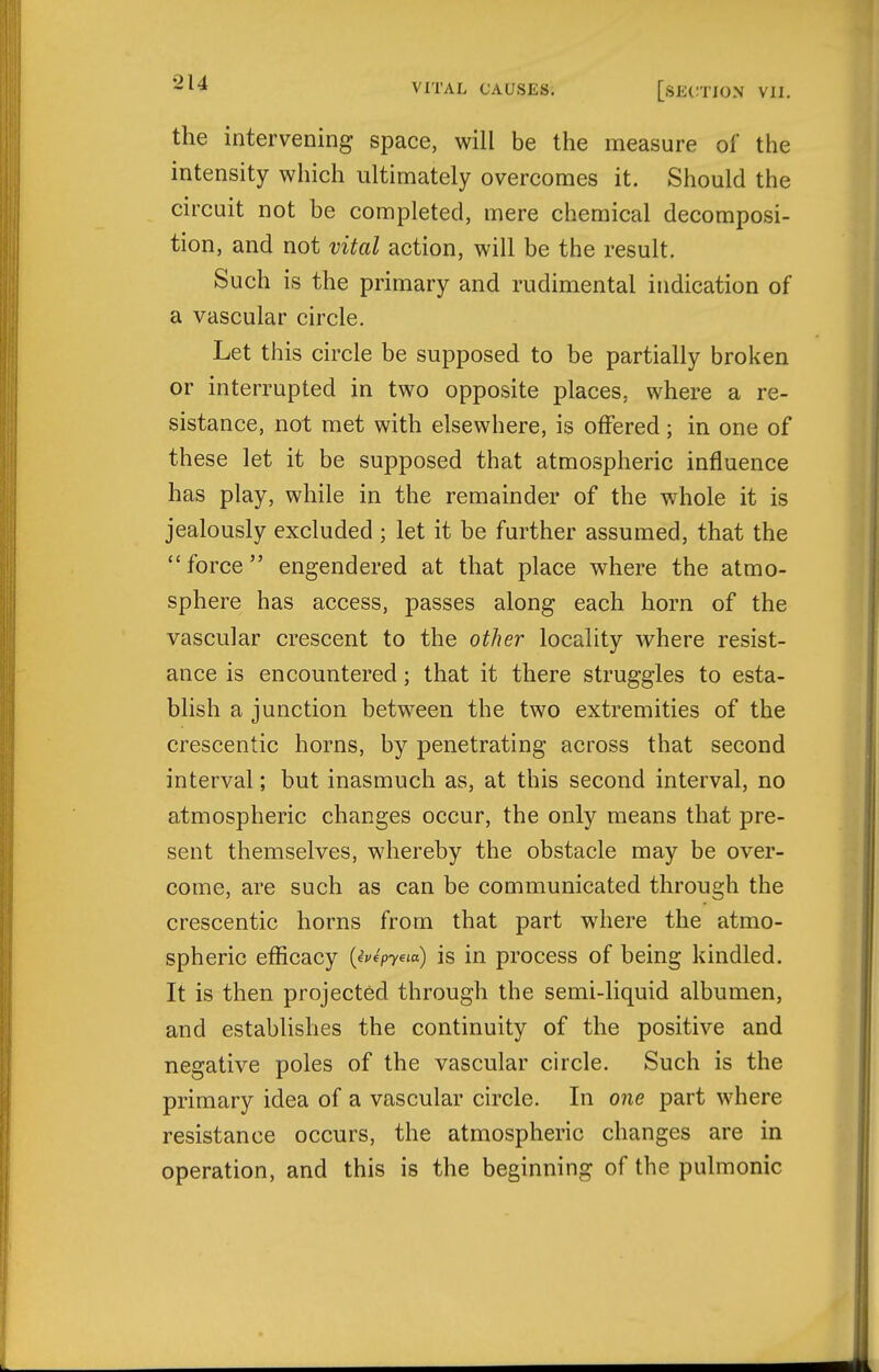 the intervening space, will be the measure of the intensity which ultimately overcomes it. Should the circuit not be completed, mere chemical decomposi- tion, and not vital action, will be the result. Such is the primary and rudimental indication of a vascular circle. Let this circle be supposed to be partially broken or interrupted in two opposite places, where a re- sistance, not met with elsewhere, is offered; in one of these let it be supposed that atmospheric influence has play, while in the remainder of the whole it is jealously excluded ; let it be further assumed, that the force engendered at that place where the atmo- sphere has access, passes along each horn of the vascular crescent to the other locality where resist- ance is encountered; that it there struggles to esta- blish a junction between the two extremities of the crescentic horns, by penetrating across that second interval; but inasmuch as, at this second interval, no atmospheric changes occur, the only means that pre- sent themselves, whereby the obstacle may be over- come, are such as can be communicated through the crescentic horns from that part where the atmo- spheric efficacy {ipfpyeia) is in process of being kindled. It is then projected through the semi-liquid albumen, and establishes the continuity of the positive and negative poles of the vascular circle. Such is the primary idea of a vascular circle. In one part where resistance occurs, the atmospheric changes are in operation, and this is the beginning of the pulmonic