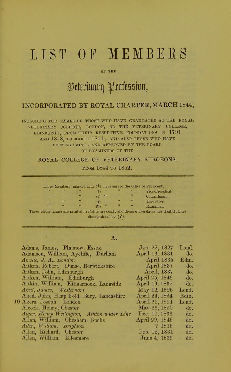 LIST OF MEMBERS OF THE f ttmttart) ^rnteinti, INCORPORATED BY ROYAL CHARTER, MARCH 1844, INCLUDING THE NAMES OF THOSE WHO HAVE GRADUATED AT THE ROYAL VETERINARY COLLEGE, LONDON, OR THE VETERINARY COLLEGE, EDINBURGH, FROM THEIR RESPECTIVE FOUNDATIONS IN 1791 AND 1828, TO MARCH 1844 ; AND ALSO THOSE WHO HAVE BEEN EXAMINED AND APPROVED BY THE BOARD OF EXAMINERS OF THE ROYAL COLLEGE OF VETERINARY SURGEONS, FROM 1844 TO 1852. Those Members marked thus (*) have served the Office of President.  « « (t)    Vice-President. «  « (t) '<   Councilman.    (^)    Treasurer. «   (II)    Examiner, Those whose names are printed in italics are dead; and those whose dates are doubtful, are distinguished by A. Adams, James, Plaistow, Essex Adamson, William, Aycliffe, Durham Ainslie^ J. A.^ London Aitken, Robert, Dunse, Berwickshire Aitken, John, Edinburgh Aitken, William, Edinburgh Aitkin, William, Kilmarnock, Langside Aked, James, Westerham Aked, John, Heap Fold, Bxiry, Lancashire 10 Akers, Joseph, London Alcock, Henry, Chester Alger, Henry Wellington, Ashton under Line Allan, William, Chesham, Bucks Allen, William, Brighton Allen, Richard, Chester Jan. 22, 1827 Lend. April 16, 1831 April 1835 do. Edin. April 1837 do. April, 1837 do. April 25, 1849 do. April 19, 1832 do. May 12, 1826 Lond. April 24, 1844 Edin. April 25, 1821 Lond. May 23, 1850 do. Dec. 10, 1833 do. April 29, 1846 do. ? 1816 do. Feb. 12, 1831 do.