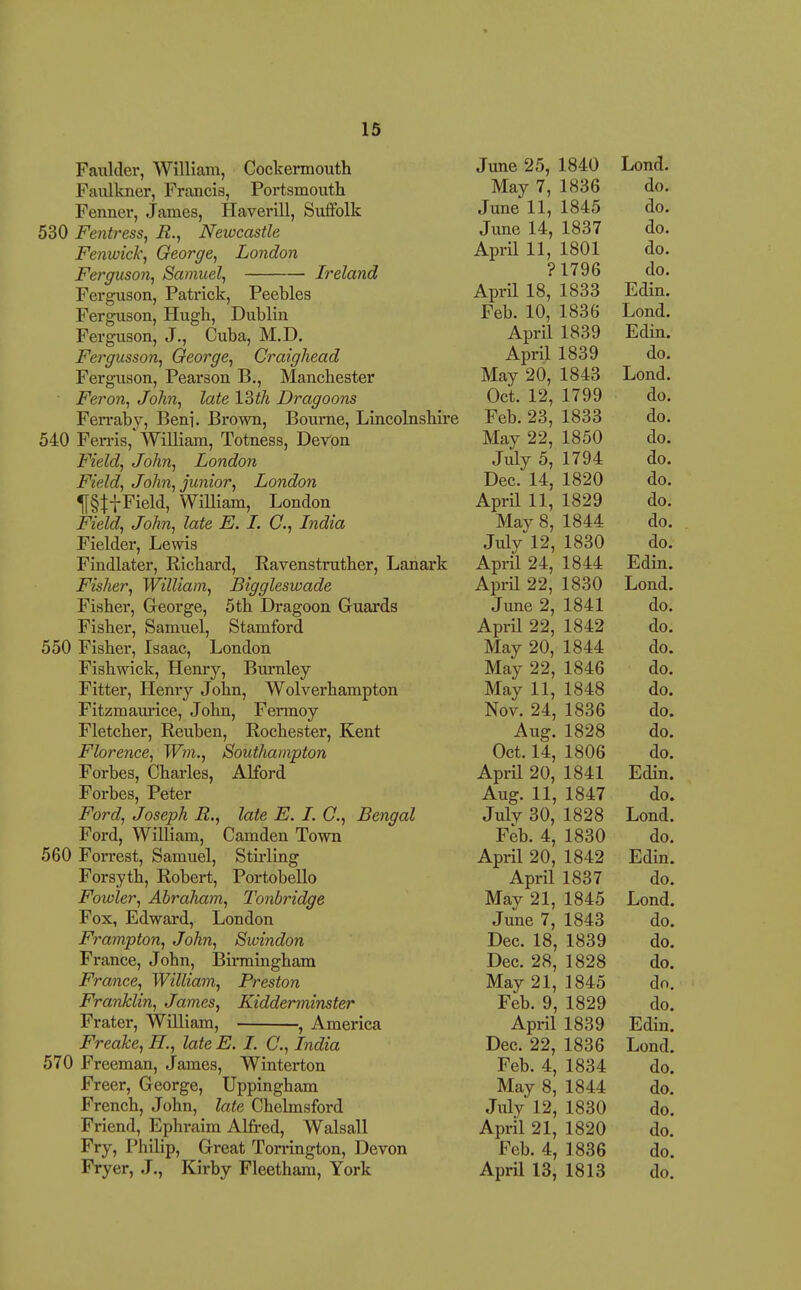 Faulder, William, Gockermouth June 25, 1840 Lond. Faixlkner, Francis, Portsmouth May 7, 1836 do. Fenner, James, Haverill, Suffolk June 11, 1845 do. 530 Fentress, R., Newcastle June 14, 1837 do. Fenwicl\ George, London April 11, 1801 do. Ferguson, Samuel, Ireland _ ? 1796 do. Ferguson, Patrick, Peebles April 18, 1833 Edin. Ferguson, Hugh, Dublin Feb. 10, 1836 Lond. Ferguson, J., Cuba, M.D. April 1839 Edin. Fergusson, George, Craighead April 1839 do. Ferguson, Pearson B., Manchester May 20, 1843 Lond. Feron, John, late 13th Dragoons Oct. 12, 1799 do. Ferraby, Beni. Brown, Bourne, Lincolnshii-e Feb. 23, 1833 do. 540 Fen-is,'WiUiam, Totness, DeVon May 22, 1850 do. Field, John, London July 5, 1794 do. Field, John, junior, London Dec. 14, 1820 do. ^§Jf Field, William, London April 11, 1829 do. Field, John, late E. L C, India May 8, 1844 do. Fielder, Lewis July 12, 1830 do. Findlater, Richard, Ravenstruther, Lanark April 24, 1844 Edin. Fisher, William, Biggleswade April 22, 1830 Lond. Fisher, Greorge, 5th Dragoon Guards June 2, 1841 do. Fisher, Samuel, Stamford April 22, 1842 do. 550 Fisher, Isaac, London May 20, 1844 do. Fishwick, Henry, Burnley May 22, 1846 do. Fitter, Henry John, Wolverhampton May 11, 1848 do. Fitzmam'ice, John, Fermoy Nor. 24, 1836 do. Fletcher, Reuben, Rochester, Kent Aug. 1828 do. Florence, Wm., Southampton Oct. 14, 1806 do. Forbes, Charles, Alford AprU 20, 1841 Edin. Forbes, Peter Aug. 11, 1847 do. Ford, Joseph R., late E. I. C, Bengal July 30, 1828 Lond. Ford, WiHiam, Camden Town Feb. 4, 1830 do. 560 Forrest, Samuel, Stirling April 20, 1842 Edin. Forsyth, Robert, Portobello April 1837 do. Fowler, Abraham, Tonbridge May 21, 1845 Lond. Fox, Edward, London June 7, 1843 do. Frampton, John, Swindon Dec. 18, 1839 do. France, John, Birmingham Dec. 28, 1828 do. France, William, Preston May 21, 1845 do. Franklin, James, Kidderminster Feb. 9, 1829 do. Prater, William, , America April 1839 Edin. Freake,H., lateE. I. C, India Dec. 22, 1836 Lond. 570 Freeman, James, Winterton Feb. 4, 1834 do. Freer, George, Uppingham May 8, 1844 do. French, John, late Chelmsford July 12, 1830 do. Friend, Ephraim Alfred, Walsall April 21, 1820 do. Fry, Philip, Great Ton-ington, Devon Feb. 4, 1836 do. Fryer, J., Kirby Fleetham, York April 13, 1813 do.