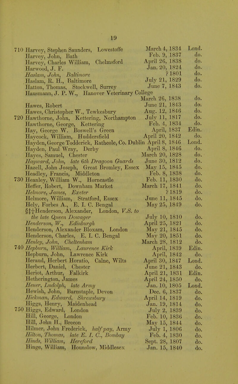 710 Harvev, Stephen Saunders, Lowestoffe Marcli4, 1834 Lond. Harvey, John, Bath Feb. 9, 1837 do. Harvev, Charles William, Chelmsford April 26, 1838 do. Harwood, J. F. Jan. 20, 1824 do. Haslam, John, Baltimore ? 1801 do. Haslam, R. H., Baltimore July 21, 1829 do. Hatton, Thomas, Stockwell, Sm-rey June 7, 1843 do. Hausmann, J. P. W., Hanover Veterinary College March 26, 1838 do. Hawes, Eobert June 21, 1843 do. Hawes, Christopher W., Tewkesbtu-y Aug. 12, 1846 do. 720 Hawthorne, John, Kettering, Northampton July 11, 1817 do. Hawthorne, George, Kettering Feb. 4, 1834 do. Hav, George W. Boswell's Green April, 1837 Edin. Haycock, William, Huddersfield April 20, 1842 do. Hayden, George Todderick, Rathcole, Co. Dublin April 8, 1846 Lond. Hayden, Paul Wray, Derby April 8, 1846 do. Hayes, Samuel, Chester March 20, 1828 do. Hayward, John, late Gth Dragoon Cruards June 30, 1812 do. Hazell, John Joseph, Great Bromley, Essex May 15, 1845 do. Headley, Francis, Middleton Feb. 8, 1838 do. 730 Heanley, William W., Horncastle Feb. 11, 1830 do. Heffer, Robert, Downham Market March 17, 1841 do. Helmore, James, Exeter ? 1819 do. Helmore, William, Stratford, Essex June 11, 1845 do. Hely, Forbes A., E. I. C. Bengal May 25, 1849 do. §.'j:-i-Henderson, Alexander, London, V.S. to the late Queen Dowager July 10, 1810 do. Henderson, W., Edinburgh April 25, 1821 do. Henderson, Alexander Bloxam, London May 21, 1845 do. Henderson, Charles, E. I. C. Bengal May 20, 1851 do. Henley, John, Cheltenham March 28, 1812 do. Hepburn, William, Laurence Kirk April, 1839 Edin. Hepburn, John, Lawrence Kirk April, 1842 do. Heraud, Herbert Horatio, Calne, Wilts April 30, 1847 Lond. Herbert, Daniel, Chester June 21, 1843 do. Heriot, Arthur, Falkirk April 21, 1831 Edin. Hetherington, James April 24, 1850 do. Heuer, Ludolph, late Army Jan. 10, 1805 Lond. Hewish, John, Barnstaple, Devon Dec. 6, 1837 do. Hickman, Edward, Shrewsbury April 14, 1819 do. Higgs, Henry, Maidenhead Jan. 19, 1814 do. 750 Higgs, Edward, London July 2, 1839 do. Hill, George, London Feb. 10, 1836 do. Hill, John H., Brecon May 15, 1844 do. Hilmer, John Frederick, half pay, Array July 1, 1806 do. Hilton, Thomas, late E. I. C, Bombay Feb. 4, 1830 do. Hinds, William, Hereford Sept. 28, 1807 do. Hinge, William, Hounslow, Middlesex Jan. 15, 1840 do.