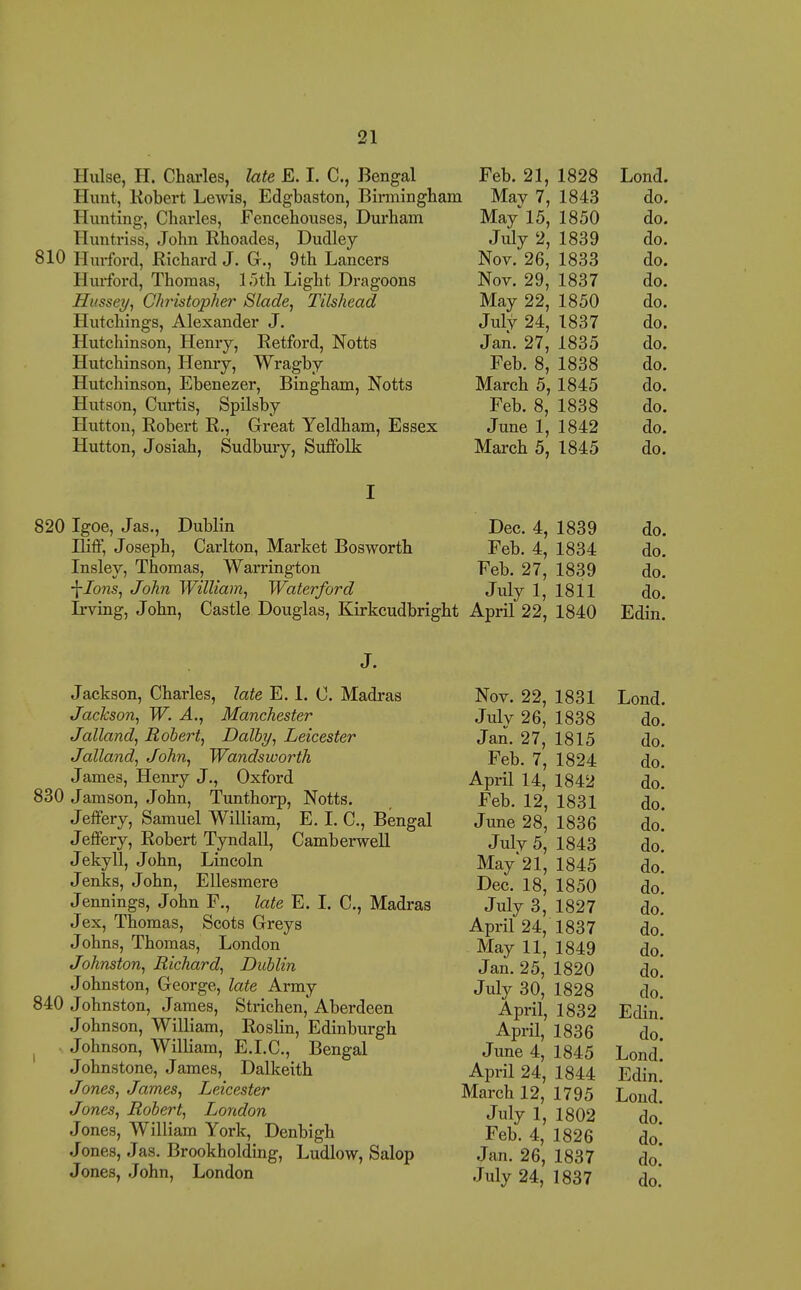 Hulse, H. Chai-les, late E. I. C, Bengal Feb. 21, 1828 Lond. Hunt, Kobert Lewis, Edgbaston, Birmingham May 7, 1843 do. Hunting, Charles, Fencehouses, Durham May 15, 1850 do. Huntriss, John Rhoades, Dudley July 2, 1839 do. 810 Hurford, Richard J. G., 9th Lancers Nov. 26, 1833 do. Hm-ford, Thomas, 15th Light Dragoons Nov. 29, 1837 do. Hussey^ Christopher Slade, Tilshead May 22, 1850 do. Hutchings, Alexander J. July 24, 1837 do. Hutchinson, Henry, Retford, Notts Jan. 27, 1835 do. Hutchinson, Henry, Wragby Feb. 8, 1838 do. Hutchinson, Ebenezer, Bingham, Notts March 5, 1845 do. Hutson, Curtis, Spilsby Feb. 8, 1838 do. Hutton, Robert R., Great Yeldham, Essex June 1, 1842 do. Hutton, Josiah, Sudbury, Suffolk March 5, 1845 do. I 820 Igoe, Jas., Dublin Dec. 4, 1839 do. Joseph, Carlton, Market Bosworth Feb. 4, 1834 do, Insley, Thomas, Warrington Feb. 27, 1839 do. \Ions, John William, Waterford Jiily 1, 1811 do. Irving, John, Castle Douglas, Kirkcudbright April 22, 1840 Edin. J. Jackson, Charles, late E, I. C. Madras Nov. 22, 1831 Lond. Jackson, W. A., Manchester Julv 26, 1838 do. Jalland, Robert, Dally, Leicester Jan. 27, 1815 do. Jalland, John, Wandsworth Feb. 7 1824 do. James, Henry J., Oxford April 14,'1842 do! 830 Jamson, .John, Tunthorp, Notts. Feb. 12, 1831 do. Jeffery, Samuel William, E. I. C, Bengal June 28, 1836 do! Jeffery, Robert Tyndall, Camberwell July 5, 1843 do] Jekyll, John, Lincoln May'21, 1845 do! Jenks, John, Ellesmere Dec. 18, 1850 do. Jennings, John F., late E. I. C, Madras July 3, 1827 do. Jex, Thomas, Scots Greys April 24, 1837 do! Johns, Thomas, London May 11, 1849 do! Johnston, Richard, Dublin Jan. 25, 1820 do! Johnston, George, late Army July 30, 1828 do! 840 Johnston, James, Strichen, Aberdeen April, 1832 Edin! Johnson, William, Roslin, Edinburgh April, 1836 do' ^ Johnson, WilHam, E.I.C, Bengal June 4, 1845 Lond! Johnstone, James, Dalkeith April 24, 1844 Edin' Jones, James, Leicester March 12, 1795 Lond! Jones, Robert, London July 1, 1802 do* Jones, William York, Denbigh Feb. 4, 1826 do* Jones, Jas. Brookholding, Ludlow, Salop Jan. 26, 1837 do' Jones, John, London July 24, 1837 do'