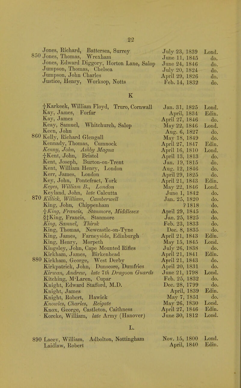 Jones, Richard, Battersea, Surrey July 23, 1839 Lond. ooO Jones, Thomas, Wrexham June II, 1845 do. Jones, Edward Diggory, Horton Lane, Salop June 24, 1846 do. Jumpson, Thomas, Chelsea July 20, 1824 do. Jumpson, John Charles April 29, 1826 do.* Justice, Henry, Worksop, Notts Feb, 14, 1832 do. K fKarkeek, William Floyd, Truro, Cornwall Kay, James, Forfar Kay, James Keay, Samuel, Whitchurch, Salop Keen, John 860 Kelly, Richard GlengaU Kennady, Thomas, Cumnock Kenny^ John, Ashhy Magna -{-Kent, John, Bristol Kent, Joseph, Biurton-on-Trent Kent, William Henry, London Kerr, James, London Key, John, Pontefract, York Keyes, William B., London Key land, John, late Calcutta 870 Killick, William, Camberwell King, John, Chippenham \King, Francis, Stanmore, Middlesex §|King, Francis, Stanmore Ki7ig, Samuel, Thirsk King, Thomas, Newcastle-on-Tyne King, James, Farneyside, Edinburgh King, Henrj'-, Moi-peth Kiugsley, John, Cape Mounted Rifles Kirkham, James, Birkenhead 880 Kirkham, George, West Derby Kirkpatrick, John, Dunscore, Dumfries Kirwan, Andrew, late 1th Dragoon Guards Kitching, M'Laren, Cupar Knight, Edward Stafford, M.D. Knight, James Knight, Robert, Hawick Knowles, Charles, Reigate Knox, George, Castleton, Caithness Korcke, William, late Army (Hanover) Jan. 31, 1825 Lond. April, 1834 Edin. April 27, 1846 do. May 22, 1846 Lond. Aug. 6, 1827 do. May 18, 1849 do. April 27, 1847 Edin. April 16, 1810 Lond. April 13, 1813 do. Jan. 19, 1815 do. Aus:. 12, 1846 do. April 29, 1825 do. April 21, 1843 Edin. May 22, 1846 Lond. June 1, 1842 do. Jan. 25, 1820 do. ?1818 do. April 29, 1845 do. Jan. 25, 1825 do. Feb. 23, 1833 do. Dec. 8, 1835 do. April 21, 1843 Edin. May 15, 1845 Lond. July 26, 1838 do. April 21, 1841 Edin. April 21, 1843 do. April 20, 1831 do. June 21, 1798 Lond. Feb. 25, 1832 do. Dec. 28, 1799 do. April, 1839 Edin. May 7, 1851 do. May 26, 1830 Lond. April 27, 1846 Edin. June 30, 1812 Lond. 890 Lacey, William, Adbolton, Nottingham Nov. 15, 1800 Lond.