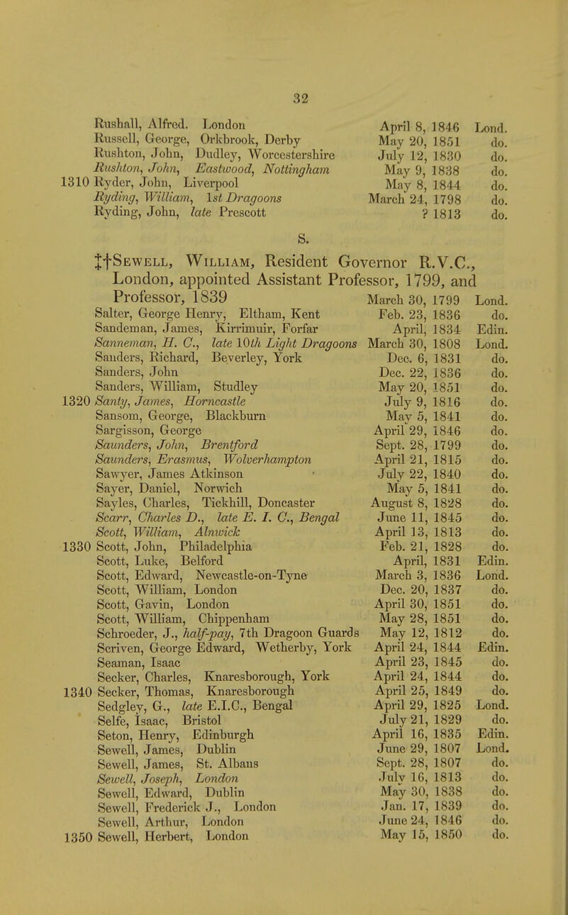 Rushall, Alfred. London April 8, 1846 Ix)nd. Russell, George, Orkbrook, Derby May '20, 1851 do. Rushton, John, Dudley, Worcestershire July 12, 1830 do. Rushton, John, Eastwood, Nottingham May 9, 1838 do. 1310 Ryder, John, Liverpool May 8, 1844 do. Ryding, William, 1st Dragoons March 24, 1798 do. Ryding, John, late Prescott ? 1813 do, S. JfSEWELL, William, Resident Governor R.V.C., London, appointed Assistant Professor, 1799, and Professor, 1839 March 30, 1799 Lond. Salter, George Henry, Eltham, Kent Feb. 23, 1836 do. Sandeman, James, Kirrimuir, Forfar April, 1834 Edin. Sanneman, H. C, late 10th Light Dragoons March 30, 1808 Lond. Sanders, Richard, Beverley, York Dec. 6, 1831 do. Sanders, John Dec. 22, 1836 do. Sanders, William, Studley May 20, 1851 do. 1320 Santy, James, Horncastle Juiy 9, 1816 do. Sansom, George, Blackburn May 5, 1841 do. Sargisson, George April 29, 1846 do. Saunders, John, Brentford Sept. 28, 1799 do. Saunders, Erasmus, Wolverhampton April 21, 1815 do. Sawyer, James Atkinson • July 22, 1840 do. Sayer, Daniel, Norwich May 5, 1841 do. Sayles, Charles, Tickhtll, Doncaster August 8, 1828 do. Scarr, Charles D., late E. I. C, Bengal June 11, 1845 do. Scott, William, Alnwick April 13, 1813 do. 1330 Scott, John, Philadelphia Feb. 21, 1828 do. Scott, Luke, Belford April, 1831 Edin. Scott, Edward, Newcastle-on-Tyne March 3, 1836 Lond. Scott, William, London Dec. 20, 1837 do. Scott, Gavin, London April 30, 1851 do. Scott, William, Chippenham May 28, 1851 do. Schroeder, J., half-pay, 7th Dragoon Guards May 12, 1812 do. Scriven, George Edward, Wetherby, York April 24, 1844 Edin. Seaman, Isaac April 23, 1845 do. Seeker, Charles, Knaresborough, York April 24, 1844 do. 1340 Seeker, Thomas, Knaresborough April 25, 1849 do. Sedgley, G., late E.I.C., Bengal April 29, 1825 Lond. Selfe, Isaac, Bristol July 21, 1829 do. Seton, Henry, Edinburgh April 16, 1835 Edin. Sewell, James, Dublin June 29, 1807 Lond. Sewell, James, St. Albans Sept. 28, 1807 do. Sewell, Joseph, London Julv 16, 1813 do. Sewell, Edward, Dublin May 30, 1838 do. Sewell, Frederick J., London Jan. 17, 1839 do. Sewell, Arthur, London June 24, 1846 do. 1350 Sewell, Herbert, London May 15, 1850 do.