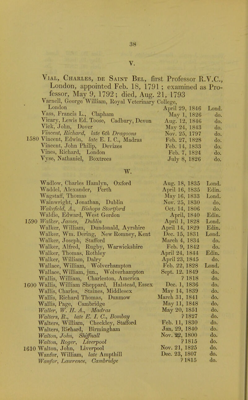 V. Vial, Charles, de Saint Bel, first Professor R.V.C., London, appointed Feb. 18, 1791 ; examined as Pro- fessor, May 9, 1792; died, Aug. 21, 1793 Varnell, George William, Royal Veterinary College, London Vass, Francis L., Clapham Vicary, Lewis Ed. Toose, Cadbury, Devon Vick, John, Dover Vincent, Richard, late Bth Dragoons 1580 Vincent, Edwin, late E. 1. C, Madras Vincent, John Philip, Devizes Vines, Richard, London Vyse, Nathaniel, Boxtrees W. Wadlow, Charles Hamlyn, Oxford Waddel, Alexander, Perth Wagstaff, Thomas Wain Wright, Jonathan, Dublin Wakefield, A., Bishops Stortford Waldie, Edward, West Gordon 1590 Walker, James, Dublin Walker, William, Dundonald, Ayrshire Walker, Wm, Dering, New Romney, Kent Walker, Joseph, Stafford Walker, Alfred, Rugby, Warwickshire Walker, Thomas, Rothley Walker, William, Dairy Wallace, William, Wolverhampton Wallace, William, jun., Wolverhampton Wallis, William, Charleston, America 1600 Wallis, William Sheppard, Halstead, Essex Wallis, Charles, Staines, Middlesex Wallis, Richard Thomas, Dunmow Wallis, Page, Cambridge Waller, W. H. A., Madras Walters, R., late E. I. C, Bombay Walters, William, Checkley, Stafford Walters, Richard, Birmingham Walton, John, Shiffnall Walton, Roger, Liverpool 1610 Walton, John, Liverpool Wanfor, William, late Ampthill Wanfor, Lawrence, Cambridge April 29, 1846 Lond. May 1, 1826 do. Aug. 12, 1846 do. May 24, 1843 do. Nov. 25, 1797 do. Feb. 27, 1828 do. Feb. 14, 1833 do. Feb. 7, 1824 do. July 8, 1826 do. Aug. 18, 1835 Lond. April 16, 1835 Edin. May 16, 1833 Lond. Nov. 25, 1830 do. Oct. 14, 1806 do. April, 1840 Edin. April 1, 1828 Lond. April 14, 1829 Edin. Dec. 15, 1831 Lond. March 4, 1834 do. Feb. 9, 1842 do. April 24, 1844 Edin. April 23, 1845 do. Feb. 22, 1828 Lond. Sept. 12. 1849 do. ? 1818 do. Dec. 1, 1836 do. May 14, 1839 do. March 31, 1841 do. May 11, 1848 do. May 20, 1851 do. ? 1827 do. Feb. 11, 1830 do. Jan. 29, 1840 do. Nov. 22, 1800 do. ?1815 do. Nov. 21, 1825 do. Dec. 23, 1807 do. ?1«15 do.