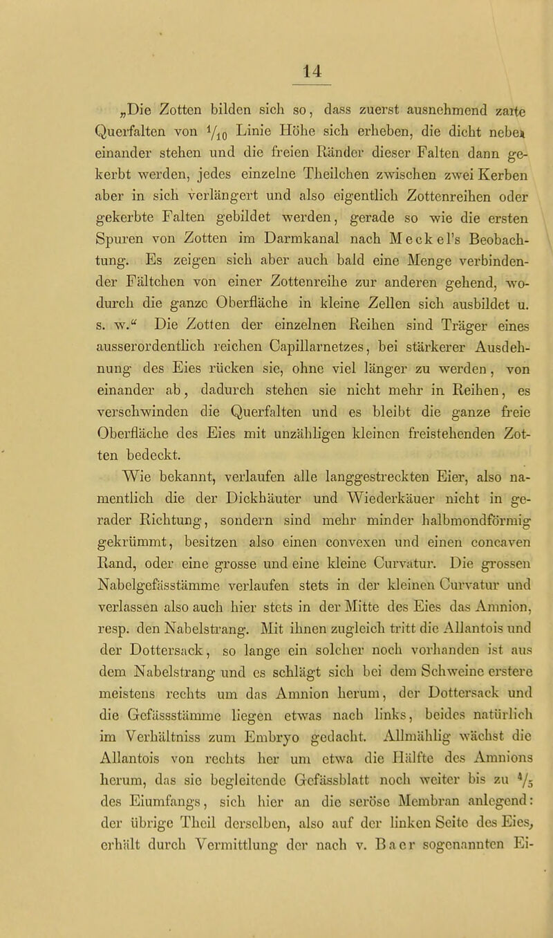 „Die Zotten bilden sich so, dass zuerst ausnehmend zaite Querfalten von i/jq Linie Höhe sich erheben, die dicht nebet einander stehen und die freien Ränder dieser Falten dann ge- kerbt werden, jedes einzelne Theilchen zwischen zwei Kerben aber in sich verlängert und also eigentlich Zottenreihen oder gekerbte Falten gebildet werden, gerade so wie die ersten Spuren von Zotten im Darmkanal nach Meckel's Beobach- tung. Es zeigen sich aber auch bald eine Menge verbinden- der Fältchen von einer Zottenreihe zur anderen gehend, wo- durch die ganze Oberfläche in kleine Zellen sich ausbildet u. s. w. Die Zotten der einzelnen Reihen sind Träger eines ausserordentlich reichen Capillarnetzes, bei stärkerer Ausdeh- nung des Eies rücken sie, ohne viel länger zu werden, von einander ab, dadurch stehen sie nicht mehr in Reihen, es verschwinden die Querfalten und es bleibt die ganze freie Oberfläche des Eies mit unzähligen kleinen freistehenden Zot- ten bedeckt. Wie bekannt, verlaufen alle langgestreckten Eier, also na- mentlich die der Dickhäuter und Wiederkäuer nicht in ge- iader Richtung, sondern sind mehr minder halbmondförmig gekrümmt, besitzen also einen convexen und einen concaven Rand, oder eine grosse und eine kleine Curvatur. Die grossen Nabelgefässtämme vei'laufen stets in der kleinen Curvatur und verlassen also auch hier stets in der Mitte des Eies das Amnion, resp. den Nabelstrang. Mit ihnen zugleich tritt die Allantois und der Dottersack, so lange ein solcher noch vorhanden ist aus dem Nabelstrang und es schlägt sich hei dem Schweine erstere meistens rechts um das Amnion herum, der Dottersack und die Gefässstämme liegen etwas nach links, beides natürlicli im Verhältniss zum Embryo gedacht. Allmählig wächst die Allantois von rechts her um etwa die Hälfte des Amnions herum, das sie begleitende Gcfässblatt noch weiter bis zu Ys des Eiumfangs, sich hier an die seröse Membran anlegend: der übrige Theil derselben, also auf der linken Seite des Eies^ erhält durch Vermittlung der nach v. Bacr sogenannten Ei-