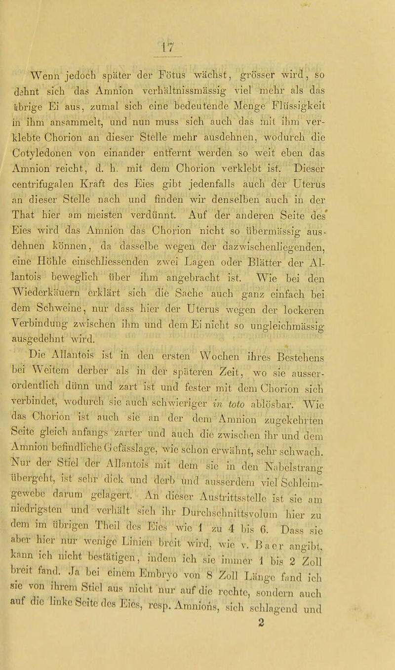 Wenn jedoch später der Fötus wächst, grösser wird, so dohnt sich das Amnion verhältnissmässig viel mebr als das übrige Ei aus, zumal sich eine bedeutende Menge Flüssigkeit in ihm ansammelt, und nun muss sich auch das mit ihm ver- klebte Chorion an dieser Stelle mehr ausdehnen, wodurch die Cotyledonen von einander entfei'nt werden so weit eben das Amnion reicht, d. h. mit dem Chorion verklebt ist. Dieser centi-ifugalen Kraft des Eies gibt jedenfalls auch der Uterus an dieser Stelle nach und finden wir denselben auch in der That hier am meisten verdünnt. Auf der anderen Seite des' Eies wird das Amnion das Chorion nicht so übermässig aus- dehnen können, da dasselbe wegen der dazwischenliegenden, eine Höhle einschliessenden zwei Lagen oder Blätter der Al- lantois beweglich über ihm angebracht ist. Wie bei den Wiederkäuern erklärt sich die Sache auch ganz einfacli bei dem Schweine, nur dass hier der Uterus wegen der lockeren Verbindung zwischen ihm und dem Ei nicht so unffleichmässiff ausgedehnt wird. Die Allantois ist in den ersten Wochen ihres Bestehens bei Weitem derber als in der späteren Zeit, wo sie ausser- ordentlich dünn und zart ist und fester mit dem Chorion sicli verbindet, wodurch sie auch schwieriger w toto ablösbar. Wie das Chorion ist auch sie an der dem Amnion zugekehrten Seite gleich anfangs zarter und auch die zwischen ihr und dem Amnion befindliche Gcfässlage, wie schon erwähnt, sehr schwach. Nur der Stiel der Allantois mit dem kie 'in-den Nabelstrang übergeht, ist sehr dick und derb imd ausserdem viel Schlcini- gewcbe darum gelagert. An dieser Austrittsstclle ist sie am niedrigsten und vcrliält sich ihr Durchschnittsvolum hier zu dem im übrigen Theil des Eies ^ wie i zu 4 bis 6. Dass sie aber hier nur wenige Linien briit wird, wie v. Bacr angibt, kann ich nicht bestätigen, indem ich sie immer 1 bis 2 Zoll breit fand. Ja bei einem Embryo von 8 Zoll Länge fand ich SIC von ihrem Stiel aus nicht nur auf die rechte, sondern auch auf die linke Seite des Eies, resp. Ammons, sich schlagend und 2