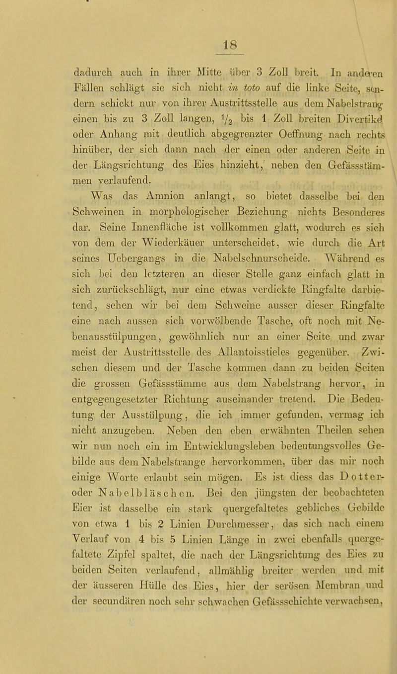Fällen schlägt sie sich nicht in toto auf die linke Seite, stn- dern schickt nur von ihrer Austrittsstelle aus dem NabelstraiiP- einen bis zu 3 Zoll langen, 1/2 ^'^^ 1 breiten Divertikd. oder Anhang mit deutlich abgegrenzter OefFnung nach rechts hinüber, der sich dann nach der einen oder anderen Seite in der Längsrichtung des Eies hinzieht, neben den Gefässstäm- men verlaufend. Was das Amnion anlangt, so bietet dasselbe bei den Schweinen in morphologischer Beziehung nichts Besonderes dar. Seine Innenfläche ist vollkommen glatt, wodm-ch es sich von dem der Wiederkäuer unterscheidet, wie durch die Art seines Ucbergangs in die Nabelschnurscheide. Während es sich bei den letzteren an dieser Stelle ganz einfach glatt in sich zurückschlägt, nur eine etwas verdickte Ringfaite darbie- tend, sehen wir bei dem Schweine ausser dieser Ringfalte eine nach aussen sich vorwölbende Tasche, oft noch mit Ne- benausstülpungen, gewöhnlich nur an einer Seite und zwar meist der AustrittsstcUe des Allantoisstieles gegenüber. Zwi- schen diesem und der Tasche kommen dann zu beiden Seiten die grossen Gefässstämme aus dem Nabelstrang hervor, in entgegengesetzter Richtung auseinander ti'etend. Die Bedeu- tung der Ausstülpung, die ich immer gefunden, vermag ich nicht anzugeben. Neben den eben erwähnten Theilen sehen wir nun noch ein im Entwicklungsleben bedeutungsvolles Ge- bilde aus dem Nabelstrange hervorkommen, über das mir noch einige Worte erlaubt sein mögen. Es ist dicss das Dotter- oder Nabelbläschcn. Bei den jüngsten der beobachteten Eier ist dasselbe ein stark quergefaltetes geblicbes Gebilde von etwa 1 bis 2 Linien Durchmesser, das sich nach einem Verlauf von 4 bis 5 Linien Länge in zwei ebenfalls querge- faltete Zipfel spaltet, die nach der Längsrichtung des Eies zu beiden Seiten verlaufend, allmählig breiter werden und mit der äusseren PIüDc des Eies, hier der serösen Membran und der secundären noch sehr schwachen Gefässschichte verwachseoi, I