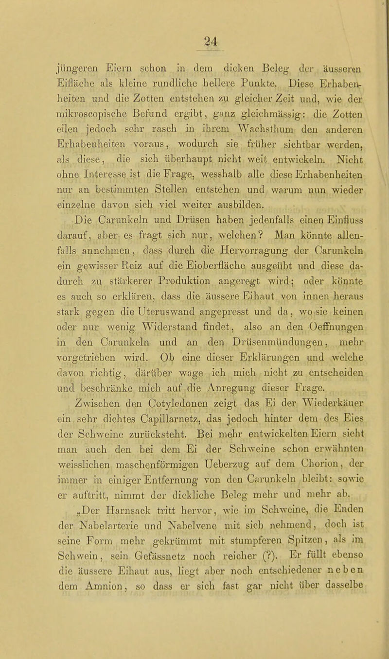 jüngeren Eiern schon in dem dicken Beleg der äusseren Eiflächc als kleine rundliche hellere Punkte. Diese Erhabeiv heiten und die Zotten entstehen zu gleicher Zeit und, wie der niikroscopische Befund ergibt, ganz gleichmUssig: die Zotten eilen jedochi sehr rasch in ihrem Wachsthum den anderen Erhabenheiten voraus, wodurch sie früher sichtbar werden, als diese, die sich überhaupt nicht weit entwickeln. Nicht ohne Interesse ist die Frage, wesshalb alle diese Erhabenheiten nur an bestimmten Stellen entstehen und warum nun wieder einzelne davon sich viel weiter ausbilden. Die Carunkeln und Drüsen haben jedenfalls einen Einfluss darauf, aber es fragt sich nur, welchen? Man könnte allen- falls annehmen, dass durch die Hervorragung der Carunkeln ein gewisser Reiz auf die Eioberfläche ausgeübt und diese da- durch zu stärkerer Produktion angeregt wird; oder könnte es auch so erklären, dass die äussere Eihaut von innen heraus stark gegen die Uteruswand angepresst und da, wo sie keinen oder nur wenig Widerstand findet, cvlso an den Oeffnungen in den Carunkeln und an den Drüsenmündimgen, mehr vorgetrieben wird. Ob eine dieser Erklärungen und welche davon richtig, därüber wage ich mich nicht zu entscheiden und beschränke mich auf die Anregung dieser Frage. Zwischen den Cotyledonen zeigt das Ei der Wiederkäuer ein sehr dichtes Capillarnetz, das jedoch hinter dem des Eies der Schweine zurücksteht. Bei mehr entwickelten Eiern sieht man auch den bei dem Ei der Schweine schon erwähnten weisslichen maschenförmigen Ueberzug auf dem Chorion, der immer in einiger Entfernung von den Carunkeln bleibt: sowie er auftritt, nimmt der dickliche Beleg mehr und mehr ab. „Der Harnsack tritt hervor, wie im Schweine, die Enden der Nabelarterie und Nabelvene mit sich nehmend, doch ist seine Form mehr gekrümmt mit stumpferen Spitzen, als im Schwein, sein Gefässnetz noch reicher (?). Er füllt ebenso die äussere Eihaut aus, liegt aber noch entschiedener neben dem Amnion, so dass er sich fast gar nicht über dasselbe