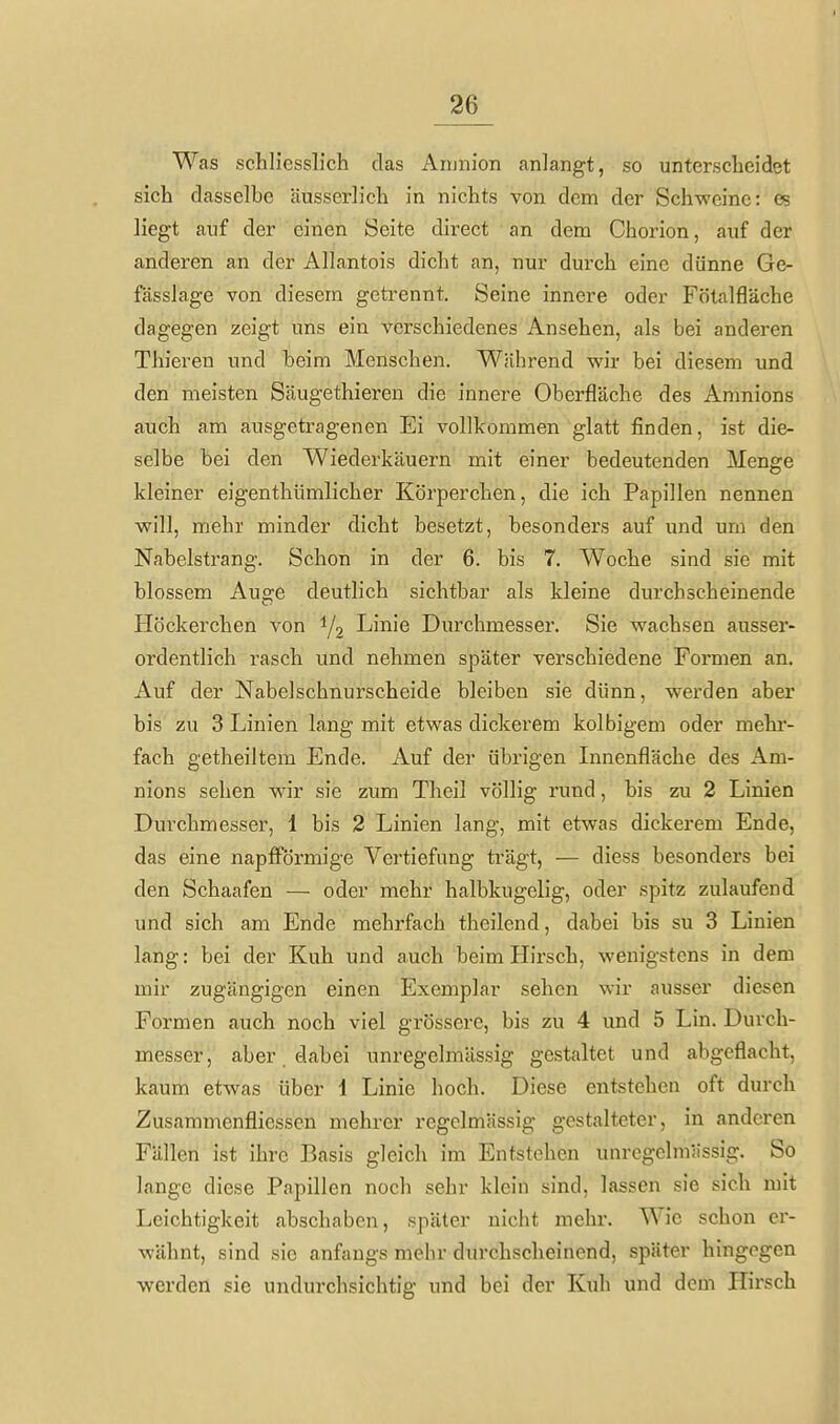 Was schliesslich das Arunion anlangt, so unterscheidet sich dasselbe äusserlich in nichts von dem der Schweine: es liegt auf der einen Seite direct an dem Chorion, auf der anderen an der Allantois dicht an, nur durch eine dünne Ge- fässlage von diesem getrennt. Seine innere oder Fötalfläche dagegen zeigt uns ein verschiedenes Ansehen, als bei anderen Thieren und beim Menschen. Während wir bei diesem und den meisten Säugethieren die innere Oberfläche des Anmions auch am ausgetragenen Ei vollkommen glatt finden, ist die- selbe bei den Wiederkäuern mit einer bedeutenden Menge kleiner eigenthümlicher Körperchen, die ich Papillen nennen will, mehr minder dicht besetzt, besonders auf und um den Nabelstrang. Schon in der 6. bis 7. Woche sind sie mit blossem Auge deutlich sichtbar als kleine durchscheinende Höckerchen von Y2 Linie Durchmesser. Sie wachsen ausser- ordentlich rasch und nehmen später verschiedene Formen an. Auf der Nabelschnurscheide bleiben sie dünn, werden aber bis zu 3 Linien lang mit etwas dickerem kolbigem oder mehi'- fach getheiltem Ende. Auf dei übrigen Innenfläche des Am- nions sehen wir sie zum Theil völlig rund, bis zu 2 Linien Durchmesser, 1 bis 2 Linien lang, mit etwas dickerem Ende, das eine napfFörmige Vertiefung trägt, — diess besonders bei den Schaafen — oder mehr halbkugelig, oder spitz zulaufend und sich am Ende mehrfach theilend, dabei bis su 3 Linien lang: bei der Kuh und auch beim Hirsch, wenigstens in dem mir zugängigen einen Exemplar sehen wir ausser diesen Formen auch noch viel grössere, bis zu 4 und 5 Lin. Durch- messer, aber dabei unregelmässig gestaltet und abgeflacht, kaum etwas über 1 Linie hoch. Diese entstehen oft durch Zusammenfliessen mehrer regelmässig gestalteter, in anderen Fällen ist ihre Basis gleich im Entstehen unregelmüssig. So lange diese Papillen noch sehr klein sind, lassen sie sich mit Leichtigkeit abschaben, später nicht mehr. Wie schon er- wähnt, sind sie anfangs mehr durchscheinend, später hingegen werden sie undurchsichtig und bei der Kuh und dem Hirsch
