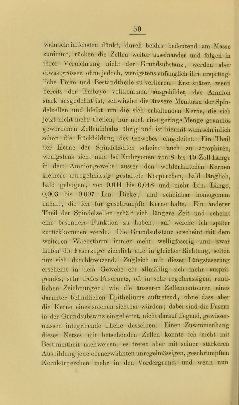 wahrscheinlichsten dünkt, durch beides bedeutend am Masse zunimmt, rücken die Zellen weiter auseinander und folgen in ihrer Vermehrung nicht der Grundsubstanz, werden aber etwas grösser, ohne jedoch, wenigstens anfänglich ihre ursprüng- liche Form und Bestandtheile zu verlieren. Erst später, wenn bereits der Embryo vollkommen ausgebildet, das Amnion stark ausgedehnt ist, schwindet die äussere Membran der Spin- delzellen und bleibt um die sich erhaltenden Kerne, die sich jetzt nicht mehr theilen, nur noch eine geringe Menge granulös gewordenen Zelleninhalts übrig und ist hiermit wahrscheinlich schon die Rückbildung des Gewebes eingeleitet. Ein Theil der Kerne der Spindelzellen scheint auch zu atrophiren, wenigstens sieht man bei Embryonen von 8 bis 10 Zoll Länge in dem Amniongewebe ausser den wohlerhaltenen Kernen kleinere unregelmässig gestaltete Körperchen, bald länglich, bald gebogen, von 0,011 bis 0,018 und mehr Lin. Länge, 0,003 bis 0,007 Lin. Dicke, und scheinbar homogenem Inhalt, die ich für .geschrumpfte Kerne halte. Ein anderer Theil der Spindelzellen erhält sich längere Zeit und scheint eine besondere Funktion zu haben, auf welche ich .später zurückkommen werde. Die Grundsubstanz erscheint mit dem weiteren Wachsthura immer mehr welligfaserig und zwar laufen die Faserzüge ziemlich alle in gleicher Richtung, selten nur sich durchkreuzend. Zugleich mit dieser Längsfaserung erscheint in dem Gewebe ein allmählig sich mehr ausprä- gendes, sehr freies Fasernetz, oft in sehr regelmässigen, rund- lichen Zeichnungen, wie die äusseren Zellencontouren eines darunter befindlichen Epitheliuras auftretend, ohne dass aber die Kerne eines solchen sichtbar würden ; dabei sind die Fasern in der Grundsubstanz eingebettet, nicht darauf liegend, gcwisser- massen intcgrirende Theile desselben. Einen Zusammenhang dieses Netzes mit betschenden Zellen konnte ich nicht mit Bestimmtheit nachweisen, es treten abei' mit seiner stärkeren Ausbildung jene ebenerwähnten unregelmässigen, geschrumpften Kcrnkörperchen mehr in den Vordergrund, und wenn nun