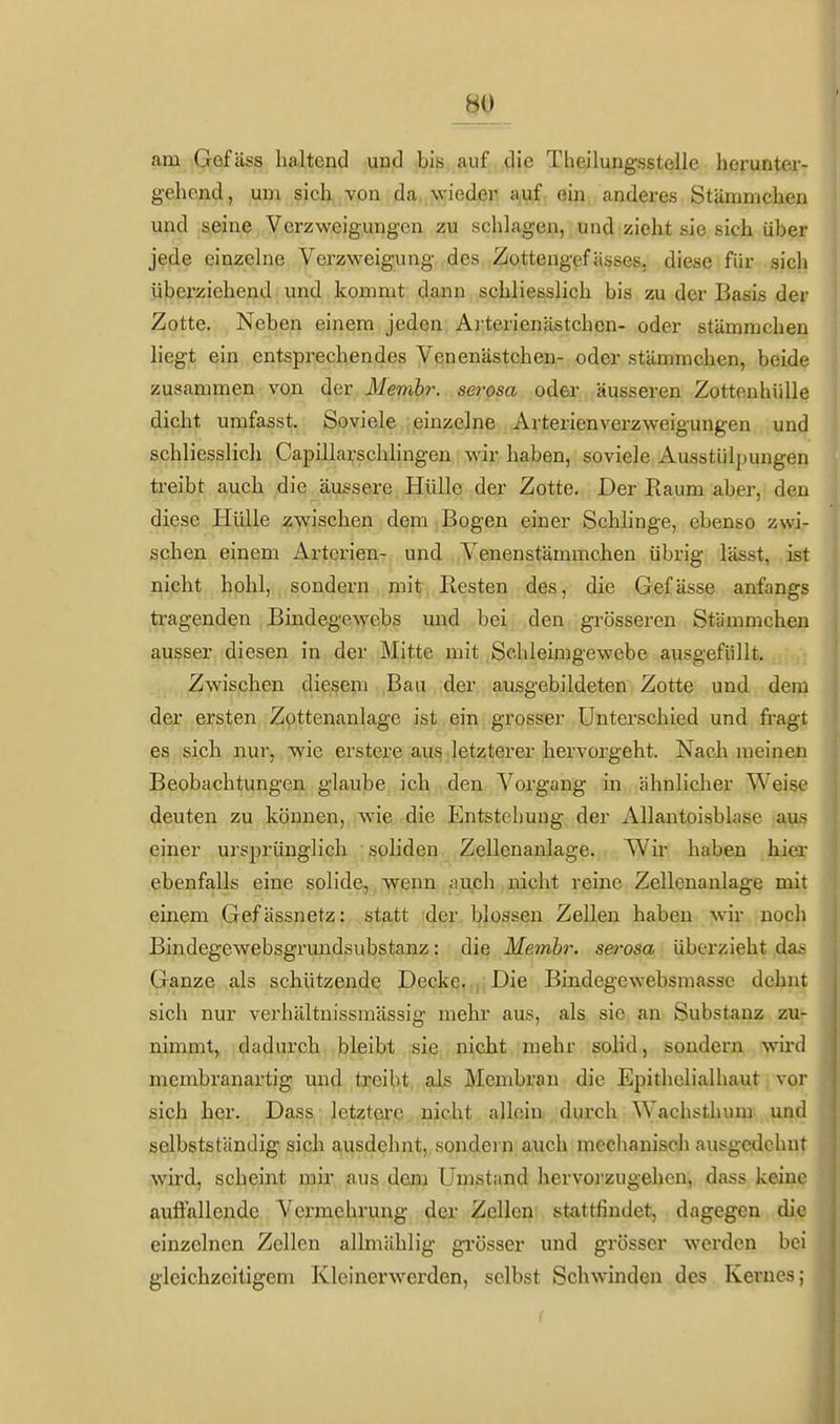 am Gofäss haltend und bis, auf die Theilungsstelle herunter- gehend, um sich von dca, wieder a,^f. ein anderes Stämnichen und seine Verzweigungen zu schlagen, und zieht sie sich über jefle einzehie Verzweigung des Zottengefässes, diese für sicli überziehend und kommt dann schliesslich bis zu der Basis der Zotte. Neben einem jeden Arterienästchen- oder stämnichen liegt ein entsprechendes Venenästchen- oder stämmchen, beide zusammen von der Membr. serosa oder äusseren Zottonhülle dicht umfasst. Soviele einzelne Arterienverzweigungen und schliesslich Capillarschhngen wir haben, soviele Ausstülpungen treibt auch die äussere Hülle der Zotte. Der Raum aber, den diese Hülle zwischen dem Bogen einer Schhnge, ebenso zwi- schen einem Arterien- und Venenstämmchen übrig lässt, ist nicht hohl, sondern mit Resten des, die Gefässe anfangs tragenden Bindege\yebs mid bei den grösseren Stämmchen ausser diesen in der Mitte mit Schleimgewebe ausgefüllt. Zwischen diesem .Bau der ausgebildeten Zotte und. dem der ersten Zottenanlage ist ein grosser üntei'schied und fi-agt es sich nur, wie erstere aus letzterer hervorgeht. Nach raeinen Beobachtungen glaube ich den Vorgang in ähnlicher Weise deuten zu können, wie die Entstehung der Allantoisblase aus einer ursprünglich soliden Zellenanlage. Wir haben hier ebenfalls eine solide, wenn ;iuch nicht reine Zellenanlage mit einem Gefässnetz: statt der blossen Zellen haben wir noch Bindegewebsgrundsubstanz: die Meinhr. se7'osa überzieht da^ Ganze als schützende Decke..,:Die Bindegewebsmassc dehnt sich nur verhältnissmässig mehr aus, als sie an Substanz zu- nimmt, dadurch bleibt sie , nicht mehr solid, sondern wird membranartig und txeibt als Membran die Epithelialhaut vor sich her. Dass letztere nicht allein durch Wachsthum und selbstständig sich ausdehnt, sondei n auch mechanisch ausgedehnt wird, scheiiat mir aus dem Umstand hervorzugehen, dass keine auffallende Vermehrung der Zellen stattfindet, dagegen die einzelnen Zellen allmählig grösser und grösser werden bei gleichzeitigem Kleinerwerden, selbst Schwinden des Kernes;