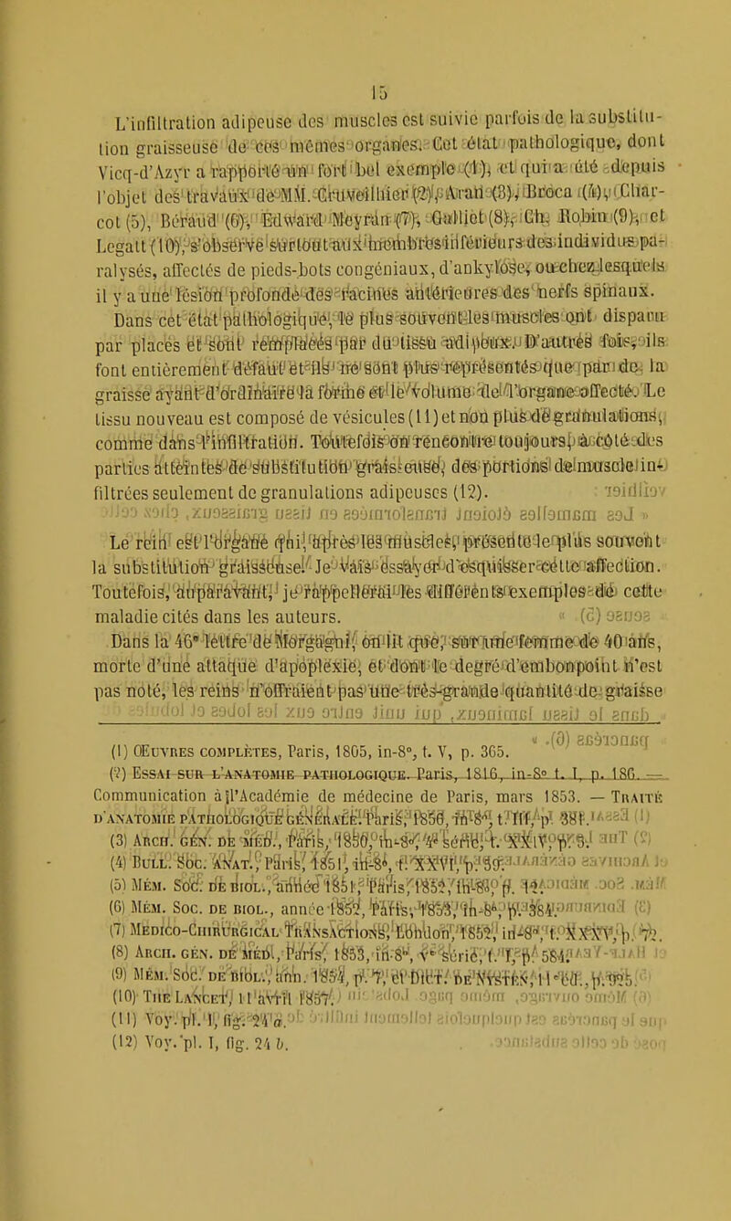 L'inliltralioii adipeuse des muscles est suivie parfois de lasubsliUi- lion graisseuse de; Gc*s''raênïes'iorgaîïea3C;at?étali dont Vicq-d'Azi'i- ai'!aî)tl6l'l'ÔTSWifô'i''l!'!b«l ex(îffiï>Voi-(*)j x'iiquiiavdlé .depuis l'objet deè't'rkN^dlj^'aô'JMM.iÉimMeîiliieP^^/^An'atl-X^ cot (5), Bémid''(r^V'Ed\Vâl'(î''Meyrdn f7'H ^GwHiot (8), :Cfc Jlo,bin..(9h!'Cl Legait ( l())/s-'ob3ëi-^rë's&rlùiitii\lîiihMibïiïsii1fé«^^ ralysés, affectés de pieds-bots congéniaux,d'aDkyïô^eïoitehiea.;lesq.a'eiB. il y a unè'E'siM'prbfondèLaê§^i*âCittys àMPîeôre&'des'^'DeFfs spinaux. Dans cet etàt pîilhologitiiféV'fô pks^sOlîveiîfâeâfttiuscl'cs opt: dispaïui par placés ef ^ètil reMrj1^^ë(^^'liiïi* dU'aië&ïiJû'di^iteîfi.uI^'ai^^^^ ■fûitPï'jil&; font entièrement déTàU'tJët^iyJ n-ciâônt \yhrs'^iiéïi{L%entésJti«e'!pârriJdo^ to graissé a'tiiâPÛ'ô'rdîteë^îa ît^ihê êfiWM\imw'iidf].'!(ir:gâfm>Seotéo'Lc tissu nouveau est composé de vésicules (11)et n{onpl.dfe>d'é!gciiitïuiail!ianrfi. comme dàVis'lHnfilWatiijri. MWtifdis'wrénéôwn'e!toogdu$9|jiâj-;côlé'.d!es parties att^întëS'flé'sttIbsCilutiëti' gràisîeH&Éfj dés^portidins!dslmwsoleJiQ^îJ filtrées seulement de granulations adipeuses (12). 'isidliov ■ 'i'jo soib .xuogaicig ueajJ ne 89àm'iol8GJBij jaaioJà eelfamBca asJ « Le'MfFegtn^dt'léffé (flii|rif^frè#lë§WÙsèieH'ï5»^e§etitoqeqjriis scnaWitit la snbstilUlioftJ^i'diséëÉiseK- Je'jVâïà'^yss%J^'éîiJd^<fet{lMl^gerfeiéltc^iaffection. Toutefois;-îi6'pà'M'lï<fttj^ié'?â'ï)^)cïieMi%sffiff^^^ cette maladie cités dans les auteurs. ■ (c) ogrjoe Dàris la' 46 Té'l'ffé'dëîi!é)rw&gtaî(^ mm :q{mT^¥mi&tmrti&:>Se 4iOiàtfe, morte d'une attatiue d'ap'6plëxië; étid'oïiill'ire^degFéid'embanpoitit li'cst p as no té, leB reiQS ■ 'tfoOPràié à t' paé*tliïe= W4^a«ii(ie towlitô -dç^ giiaiése .'indol JoBodolsol xijo ;nJn9 iinu iup' ,xijofiimG[ ueBiJ ol znah (I) OEuvnES COMPLÈTES, Pavis, 1805, in-8°, t. V, p. 365.  ^càionucf (i') Essai sur t,'axatm>ur P-AXuni.nr.iQiiK:.,Pflris^ ISIfi^ in-So t- T p. ISfi — Communication àll'Âcadémie de médecine de Paris, mars 1853. — Traité D'ANATOMiE PATiiokoGi^tJif bÉyiiiA'£fe'ifhri§i'fëS§,^Â^^, t?ï# 8H¥.'-'5:'i (1} (3) Ancii. àh: okiM:/Mi'^\%htîi'^4<^¥ymi^\'^[f^^^^ (?) (4) 'BuLtlfëbc; Mvt'.I' f'inïi Ut\{ iW, tT'1i^^i','t?9g^.3J''à7.ào aaviiianA ia (5) MÉM. Sdï: dyioL.;'VdHcdt'éèn«'Pii?isrfô'5^;aH'-^p'f?. H^'SiaàHi .oo2 .mlli (6) MÉM. Soc. DE BioL., annéci^^ïi, teH^vVâ^/S','*!{i-6^i'iSl''àfe4lî'^'n^ (^) ai MEDico-CiiiiiijRGick^fli[^k'sXic4loili^j'li«hlloF, (8) Arcii.gén. DliiÉiil,^fi/W's( lfe5'â,'ïË:8,'<''^'sbriSi'f.''r,^ti/'5«4?''a'^-^J* (9) WÊM.=S(i(i.'DE'fiiBL.','ifh^/lSS^,lf.->^^^^ (10) -TiiE LAlvlcEfi ll'aN-til l'gaf.i iii'.>,(io>i ogDi] 'unOiri ,o;>r.T/uo omùK (d: (II) Yby.'ipll'.'îi;fi'*î^'4'â.!^l- ovJiafii Jnoraailol aioloupbiip J80 acbioneq al aop (12) Voy.pl. I, fig. î>. ''jnuladua ollOD ofa à8oa