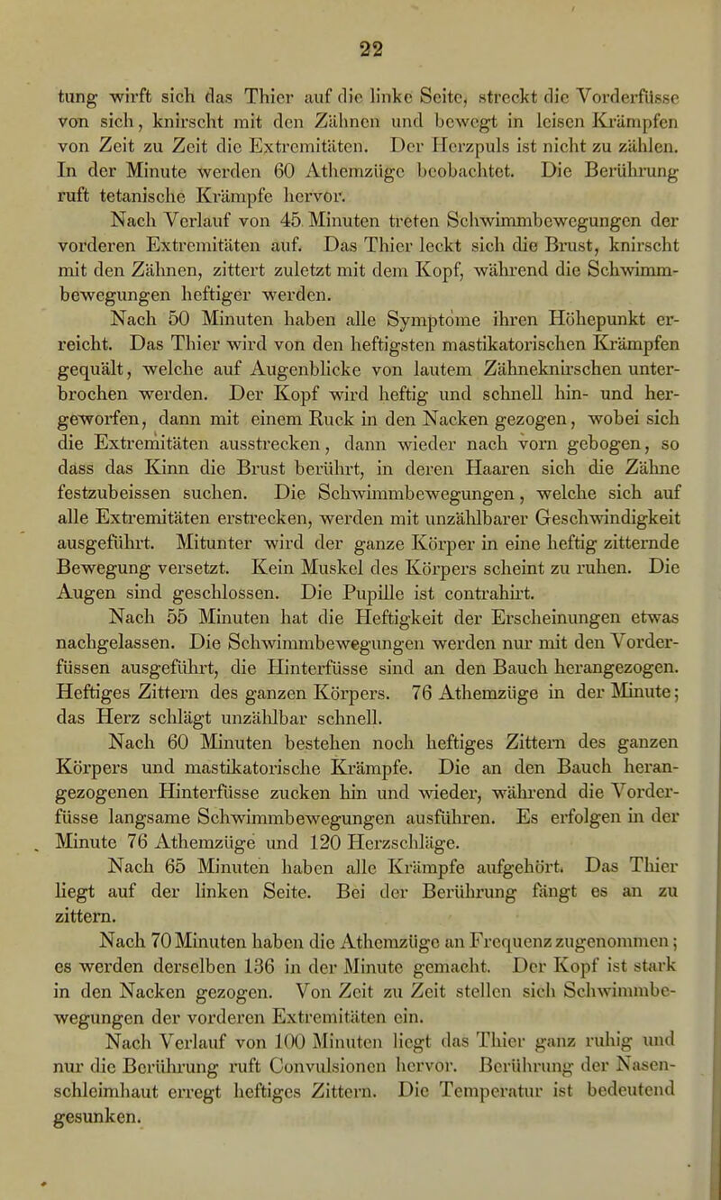 tung wirft sich das Thier auf die linke Seite, streckt die Vorderftisse von sicli, knirscht mit den Zähnen und bewegt in leisen Krämpfen von Zeit zu Zeit die Extremitäten. Der ITerzpuls ist nicht zu zählen. In der Minute werden 60 Athemzügc beobachtet. Die Berührung ruft tetanische Krämpfe hervor. Nach Verlauf von 45 Minuten treten Schwimmbewegungen der vorderen Extremitäten auf. Das Thier leckt sich die Brust, knirscht mit den Zähnen, zittert zuletzt mit dem Kopf, während die Schwimm- bewegungen heftiger werden. Nach 50 Minuten haben alle Symptome ihren Höhepunkt er- reicht. Das Thier wird von den heftigsten mastikatorischen Krämpfen gequält, welche auf Augenblicke von lautem Zähneknh-schen unter- brochen werden. Der Kopf wird heftig und schnell hin- und her- geworfen, dann mit einem Ruck in den Nacken gezogen, wobei sich die Extreniitäten ausstrecken, dann wieder nach vom gebogen, so dass das Kinn die Brust berührt, in deren Haaren sich die Zähne festzubeissen suchen. Die Schwimmbewegungen, welche sich auf alle Exti-emitäten ersti'ecken, werden mit unzälilbarer Geschwindigkeit ausgefüln't. Mitunter wird der ganze Körper in eine heftig zitternde Bewegung versetzt. Kein Muskel des Körpers scheint zu ruhen. Die Augen sind geschlossen. Die Pupille ist contrahh't. Nach 55 Minuten hat die Heftigkeit der Erscheinungen etwas nachgelassen. Die Schwimmbewegungen werden ma- mit den Vorder- füssen ausgeführt, die Hinterfüsse sind an den Bauch herangezogen. Heftiges Zittern des ganzen Körpers. 76 Athemzüge in der Minute; das Herz schlägt unzälilbar schnell. Nach 60 Minuten bestehen noch heftiges Zittern des ganzen Körpers und mastikatorische Krämpfe. Die an den Bauch heran- gezogenen Hinterfüsse zucken hin und wieder, während die Vorder- füsse langsame Schwimmbewegungen ausführen. Es erfolgen in der Minute 76 Athemzüge und 120 Herzschläge. Nach 65 Minuten haben alle Krämpfe aufgehört. Das Tliier liegt auf der linken Seite. Bei der Berührung fängt es an zu zittern. Nach 70 Minuten haben die Athemzüge an Frequenz zugenommen; es werden derselben 136 in der Minute gemacht. Der Kopf ist stark in den Nacken gezogen. Von Zeit zu Zeit stellen sich Schwimmbe- wegungen der vorderen Extremitäten ein. Nach Verlauf von 100 Minuten liegt das Thier ganz ruhig mid nur die Berührung ruft Convulsionen hervor. Berührung der Nasen- schleimhaut erregt heftiges Zittern. Die Temperatur ist bedeutend gesunken.