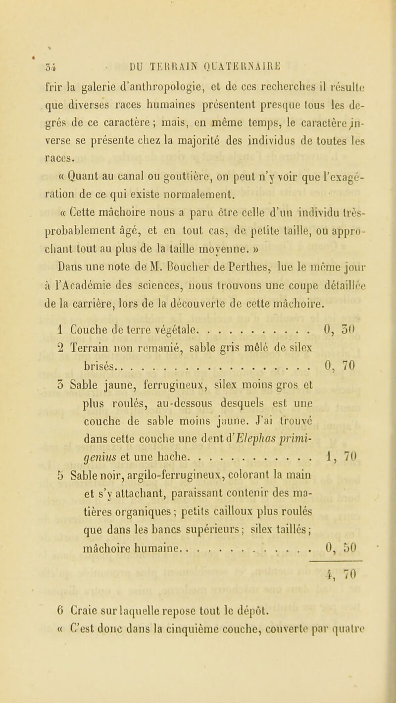 51 DU TEIUUIN OUATKU.NAlRIi frir la galerie d'anthropologie, et de ces recherches il rcsullc que diverses races humaines présentent presque tous les de- grés de ce caractère; mais, en même temps, le caraclcrc^n- verse se présente chez la majorité des individus de toutes les races. « Quant au canal ou goutlière, on peut n'y voir que l'exagé- ration de ce qui existe normalement. « Cette mâchoire nous a paru être celle d'un individu très- probablement âgé, et en tout cas, de petite taille, ou appro- chant tout au plus de la taille moyenne. » Dans une note de M. Bouclier de Perthes, lue le môme jour à l'Académie des sciences, nous trouvons une coupe détaillée de la carrière, lors de la découverte de cette mâchoire. 1 Couche de terre végétale 0, 50 2 Terrain non remanié, sable gris mêlé de silex brisés 0, 70 5 Sable jaune, ferrugineux, silex moins gros et plus roulés, au-dessous desquels est une couche de sable moins jaune. J'ai trouvé dans cette couche une âmlA'Elephas priini- (/mws et une hache 1, 70 5 Sable noir, argilo-ferrugineux, colorant la main et s'y attachant, paraissant contenir des ma- tières organiques ; petits cailloux plus roulés que dans les bancs supérieurs ; silex taillés ; mâchoire humaine • • • • 0, 50 i, 70 6 Craie sur laquelle repose tout le dépôt. « C'est donc dans la cinquième couche, couverlo par quatre