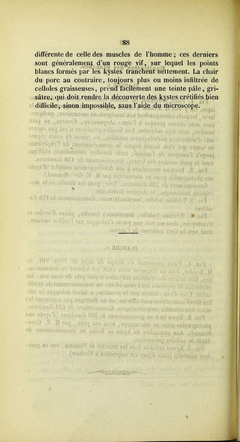 differenle de celle des muscles de rhomme; ces derniers sont generalement d'un rouge vif, sur lequel les poinls blancs fornies par les kysles tranchenl neitement. La chair du porc au coutraire, loujours plus ou moins infiltree de cellules graisseuses, prend facilemenl une leinte pale, gri- sätre, (}ui doit rendre la decouverte des kystes cretifies bien difficile, sinon impossible, sans l'aide du microscope. ODS?. aupHq •)Wpä9l , Ovis! itd 29fc7o'b 9ai9lq i: .ißoite^l, diJobe) 0; aiiKviü/ 9oiiho1 isq isqqedaä'a ameq sau Jioy n(/ 8911' -29J : aflß xüsb ;J ub 89 4
