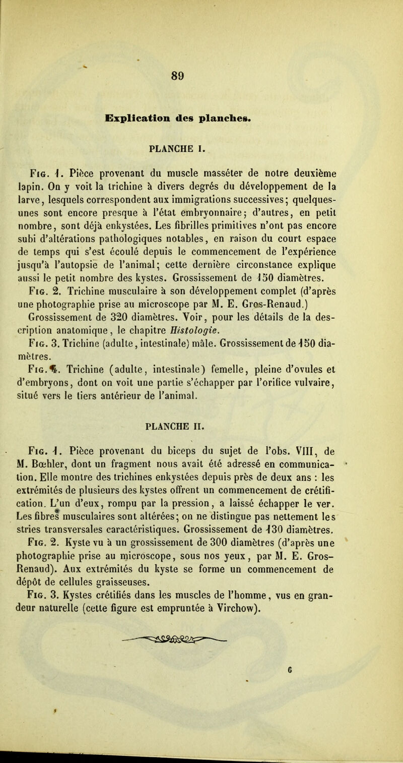 Explication des planche». PLANCHE I. Fig. \. Piece provenant du muscle masseter de notre deuxiöme lapin. Oa y voit la trichiue a divers degres du developpement de la larve, lesquels correspondent aux immigralions successives; quelqiies- unes sont encore presque ä l'etat embryonnaire; d'autres, en pelit nombre, sont deja enkystees. Les fibrilles primitives n'ont pas encore subi d'alterations pathologiques notables, en raison du court espace de lemps qui s'est ecoule depuis le commencement de Texperience jusqu'ä Tautopsie de l'animal; cette derniere circonstance explique aussi le petit nombre des kystes. Grossissement de 150 diametres. Fig. 2. Trichine musculaire a son developpement complet (d'apres une Photographie prise au microscope par M. E. Gros-Renaud.) Grossissement de 320 diametres. Voir. pour les details de la des- criplion anatomiqiie, le chapitre Histologie. Fig. 3, Trichine (adulte, intestinale) male. Grossissement de -150 dia- metres. FiG.^. Trichine (adulte, intestinale) femelle, pleine d'ovules et d'embryons, dont on voit une parlie s'echapper par l'orifice vulvaire, situe vers le tiers anterieur de Tanimal. PLANCHE II. Fig. ^. Piece provenant du biceps du sujet de Tobs. VIII, de M. Boihler, dont un fragment nous avait ete adresse en communica- lion. Elle montre des trichines enkystees depuis pres de deux ans : les extremites de plusieurs des kystes offrent un commencement de cretifi- cation. L'un d'eux, rompu par la pression, a laisse echapper le ver. Lesfibres musculaires sont allerees; on ne distingue pas nettement les stries transversales caracteristiques. Grossissement de -130 diametres. Fig. 2. Kysle vu ä un grossissement de 300 diametres (d'apres une Photographie prise au microscope, sous nos yeux, par M. E. Gros- Renaud). Aux extremites du kyste se forme un commencement de depöt de cellules graisseuses. Fig. 3. Kystes cretiües dans les muscles de l'homme, vus en gran- deur naturelle (cette figure est empruntee ä Virchow).