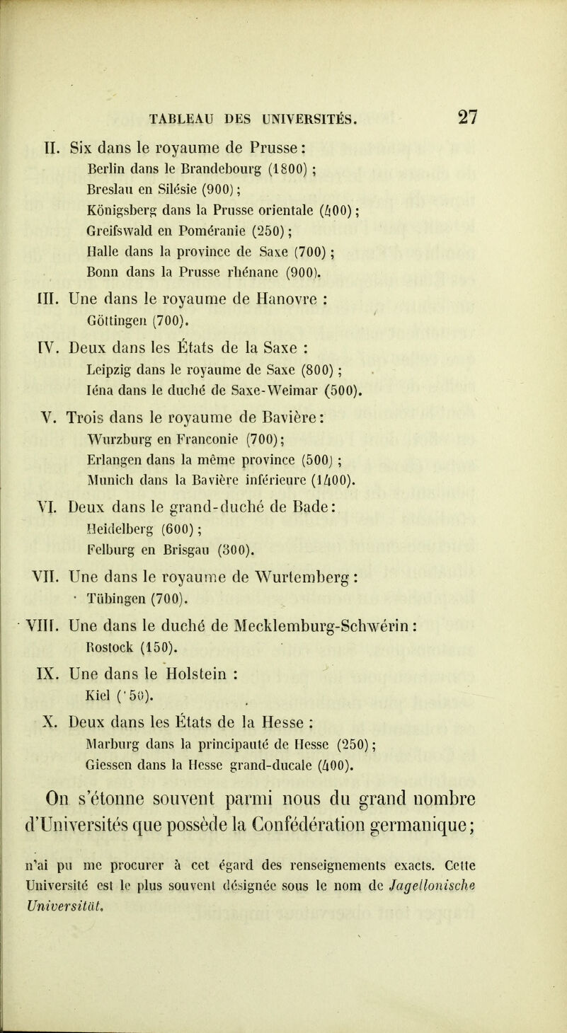 II. Six dans le royaume de Prusse : Berlin dans le Brandebourg (1800) ; Breslau en Silésie (900) ; Kônigsberg dans la Prusse orientale (ZiOO) ; Greifswald en Poméranie (250) ; Halle dans la province de Saxe (700) ; Bonn dans la Prusse rhénane (900). III. Une dans le royaume de Hanovre : Gôttingen (700). IV. Deux dans les États de la Saxe : Leipzig dans le royaume de Saxe (800) ; léna dans le duché de Saxe-Weimar (500). V. Trois dans le royaume de Bavière : Wurzburg en Franconie (700) ; Erlangen dans la même province (500J ; Munich dans la Bavière inférieure (IZiOO). VI. Deux dans le grand-duché de Bade: Heidelberg (600); Felburg en Brisgau (300). VII. Une dans le royaume de Wurtemberg : • Tubingen (700). • Vin. Une dans le duché de Mecklemburg-Schwérin : Rostock (150). IX. Une dans le Holstein : Kiel ('50). X. Deux dans les États de la Hesse : Marburg dans la principauté de Hesse (250) ; Giessen dans la Hesse grand-ducale (/lOO). On s'étonne souvent parmi nous du grand nombre d'Universités que possède la Confédération germanique; n'ai pu me procurer à cet égard des renseignements exacts. Cette Université est le plus souvent désignée sous le nom de Jagelloniscke Universitat,