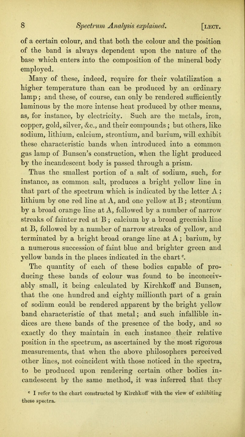 of a certain colour, and that both the colour and the position of the band is always dependent upon the nature of the base which enters into the composition of the mineral body employed. Many of these, indeed, require for their volatilization a higher temperature than can be produced by an ordinary lamp; and these, of course, can only be rendered sufficiently luminous by the more intense heat produced by other means, as, for instance, by electricity. Such are the metals, iron, copper, gold, silver, &c., and their compounds ; but others, like sodium, lithium, calcium, strontium, and barium, will exhibit these characteristic bands when introduced into a common gas lamp of Bunsen's construction, when the light produced by the incandescent body is passed through a prism. Thus the smallest portion of a salt of sodium, such, for instance, as common salt, produces a bright yellow line in that part of the spectrum which is indicated by the letter A ; lithium by one red line at A, and one yellow at B ; strontium by a broad orange line at A, followed by a number of narrow streaks of fainter red at B ; calcium by a broad greenish line at B, followed by a number of narrow streaks of yellow, and terminated by a bright broad orange line at A; barium, by a numerous succession of faint blue and brighter green and yellow bands in the places indicated in the chart ^. The quantity of each of these bodies capable of pro- ducing these bands of colour was found to be inconceiv- ably small, it being calculated by Kirchkotf and Bunsen, that the one hundred and eighty millionth part of a grain of sodium could be rendered apparent by the bright yellow band characteristic of that metal; and such infallible in- dices are these bands of the presence of the body, and so exactly do they maintain in each instance their relative position in the spectrum, as ascertained by the most rigorous measurements, that when the above philosophers perceived other lines, not coincident with those noticed in the spectra, to be produced upon rendering certain other bodies in- candescent by the same method, it was inferred that they * I refer to the chart constructed by KirchkofF with the view of exhibiting these spectra.