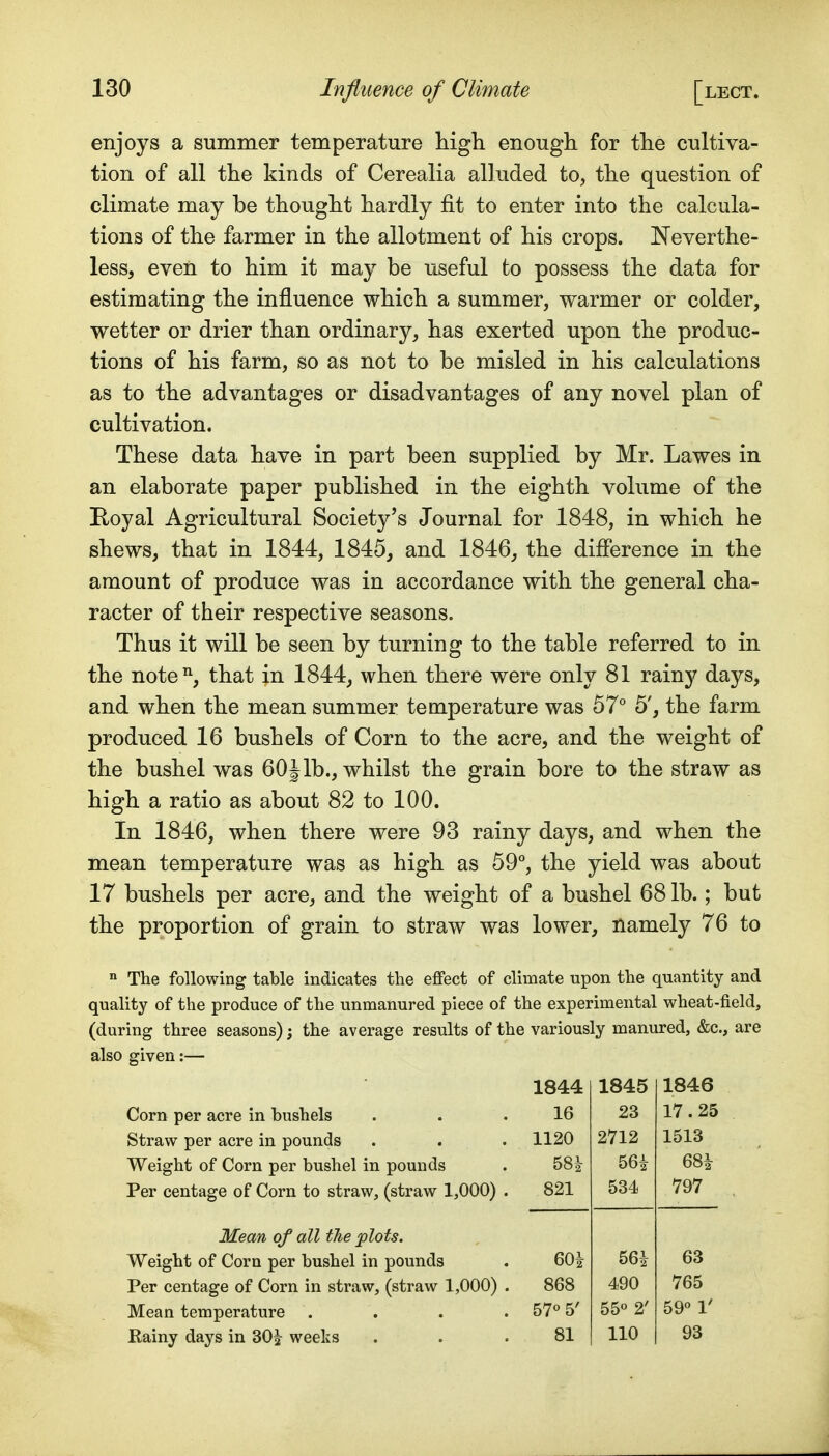 enjoys a summer temperature higli enough for the cultiva- tion of all the kinds of Cerealia alluded to, the question of climate may be thought hardly fit to enter into the calcula- tions of the farmer in the allotment of his crops. Neverthe- less, even to him it may be useful to possess the data for estimating the influence which a summer, warmer or colder, wetter or drier than ordinary, has exerted upon the produc- tions of his farm, so as not to be misled in his calculations as to the advantages or disadvantages of any novel plan of cultivation. These data have in part been supplied by Mr. Lawes in an elaborate paper published in the eighth volume of the Royal Agricultural Society's Journal for 1848, in which he shews, that in 1844, 1845, and 1846, the difierence in the amount of produce was in accordance with the general cha- racter of their respective seasons. Thus it will be seen by turning to the table referred to in the note^, that in 1844, when there were only 81 rainy days, and when the mean summer temperature was 57° 5', the farm produced 16 bushels of Corn to the acre, and the weight of the bushel was 60Jlb., whilst the grain bore to the straw as high a ratio as about 82 to 100. In 1846, when there were 93 rainy days, and when the mean temperature was as high as 59°, the yield was about 17 bushels per acre, and the weight of a bushel 68 lb.; but the proportion of grain to straw was lower, namely 76 to  The following table indicates the eflFect of climate upon the quantity and quality of the produce of the unmanured piece of the experimental wheat-field, (during three seasons); the average results of the variously manured, &c., are also given:— 1844 1845 1846 Corn per acre in bushels 16 23 17.25 Straw per acre in pounds 1120 2712 1513 Weight of Corn per bushel in pounds 58i 56i 681 Per centage of Corn to straw, (straw 1,000) . 821 534 797 Mean of all the plots. Weight of Corn per bushel in pounds 601 56i 63 Per centage of Corn in straw, (straw 1,000) . 868 490 765 Mean temperature .... 57° 5' 55° 2' 59° V Rainy days in 30^ weeks 81 110 93