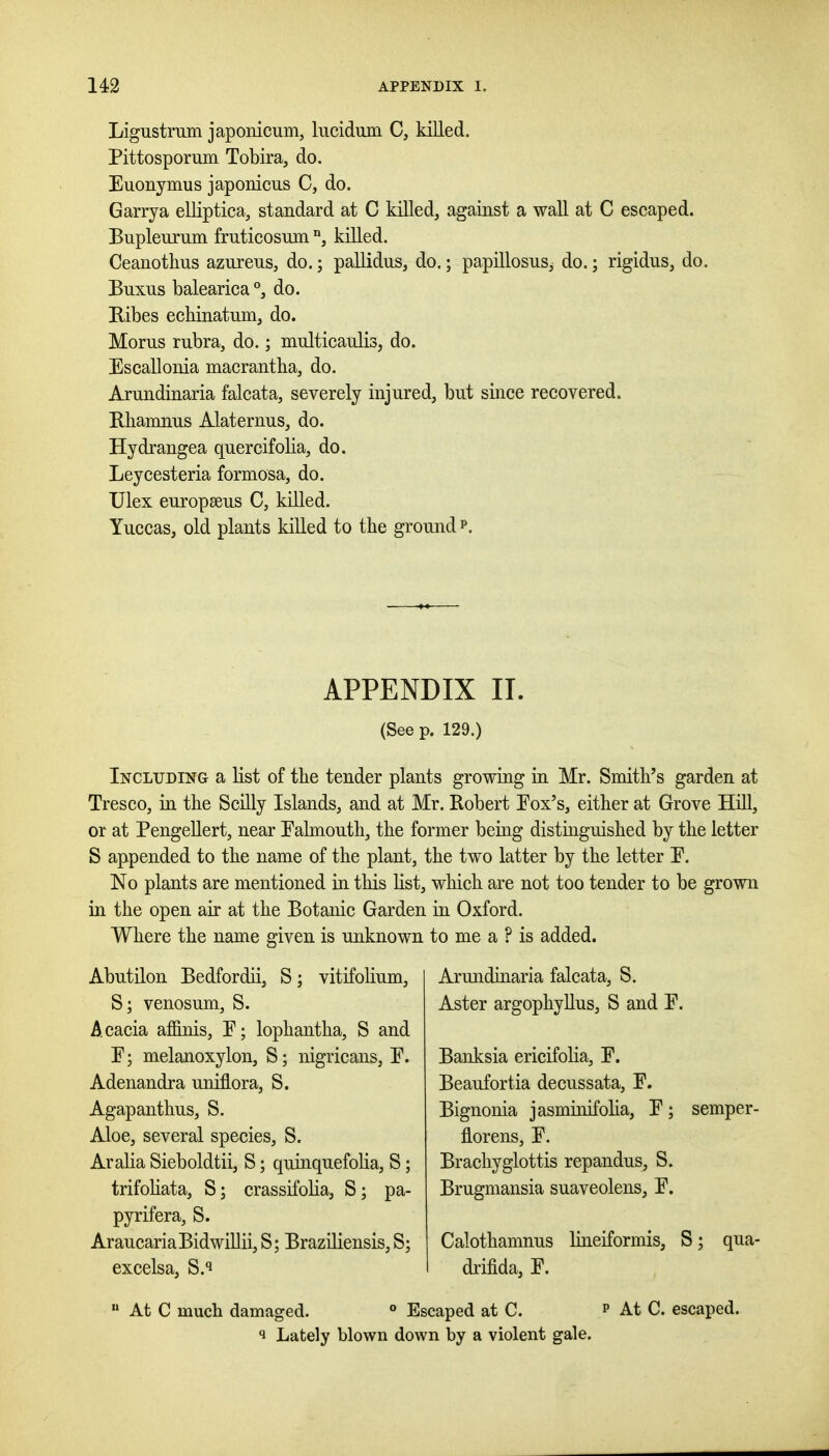 Ligustrum japonicum, lucidum C, killed. Pittosporum Tobira, do. Euonymus japonicus C, do. Garrya elliptica,, standard at C killed, against a waU at C escaped. Bupleurum fruticosum °, killed. Ceanothus azureus, do.; pallidas, do.; papillosus^ do.; rigidus, do. Buxus balearica, do. Ribes echinatum, do. Moms rubra, do.; multicaulis, do. EscaEonia macrantba, do. Arundinaria falcata, severely injured, but since recovered. Rhamnus Alaternus, do. Hydrangea quercifolia, do. Leycesteria formosa, do. Ulex europseus C, killed. Yuccas, old plants killed to the ground p. APPENDIX II. (See p. 129.) Including a list of the tender plants growing in Mr. Smith's garden at Tresco, in the Scilly Islands, and at Mr. Robert Fox's, either at Grove HiU, or at PengeUert, near Pahnouth, the former being distinguished by the letter S appended to the name of the plant, the two latter by the letter P. No plants are mentioned in this list, which are not too tender to be grown in the open air at the Botanic Garden in Oxford. Where the name given is unknown to me a ? is added. Abutilon Bedfordii, S; vitifohum, S; venosum, S. Acacia affinis, P; lophantha, S and P; melanoxylon, S; nigricans, P. Adenandra uniflora, S. Agapanthus, S. Aloe, several species, S. Aralia Sieboldtii, S; quinquefoha, S; trifohata, S; crassifolia, S; pa- pyrifera, S. AraucariaBidwillii, S; Braziliensis, S; excelsa, S.i Arundinaria falcata, S. Aster argophyUus, S and P. Banksia ericifolia, P. Beaufortia decussata, P. Bignonia jasminifolia, P; semper- florens, P. Brachyglottis repandus, S. Brugmansia suaveolens, P. Calothamnus lineiformis, S; qua- drifida, P.  At C much damaged. » Escaped at C. p At C. escaped, s Lately blown down by a violent gale.