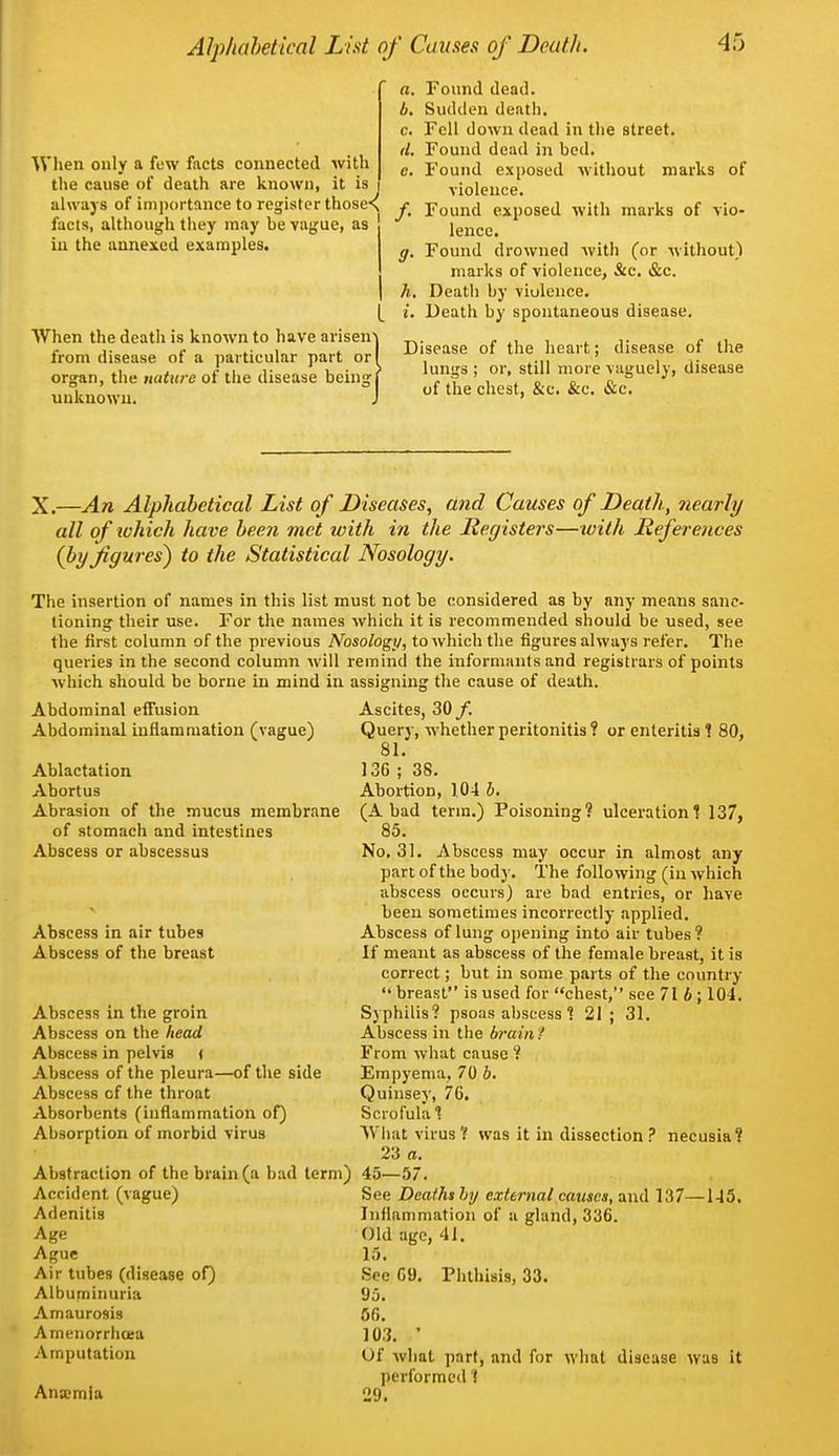 When only a few facts connected with the cause of death are known, it is always of importance to register thoses facts, although tlicy may he vague, as ' iu the annexed examples. When the death is known to have arisen-] from disease of a particular part or( organ, the nature of the disease being( unknown. a. b. c. d. 0. /• Found dead. Sudden death. Fell down dead in the street. Found dead in bed. Found exposed without marks of violence. Found exposed with marks of vio- lence. Found drowned Avith (or without) marks of violence, &c. &c. Death by viulence. Death by spontaneous disease. Disease of the heart; disease of the lungs ; or, still more vaguely, disease of the chest, &c. &c. »&c. X.—An Alphabetical List of Diseases, and Causes of Death, nearly all of ivhich have been met ivith in the Megisters—with References (by figures^ to the Statistical Nosology. The insertion of names in this list must not be considered as by any means sanc- tioning their use. For the names which it is recommended should be used, see the first column of the previous Nosology, to which the figures always refer. The queries in the second column will remind the informants and registrars of points which should be borne in mind in assigning the cause of death. Abdominal effusion Abdominal inflammation (vague) Ascites, 30 f. Query, whether peritonitis ? or enteritis? 80, 81. 136 ; 38. Abortion, 104 b. (A bad term.) Poisoning? ulceration? 137, 85. No. 31. Abscess may occur in almost any part of the body. The following (iu which abscess occurs) are bad entries, or have been sometimes incorrectly applied. Abscess of lung opening into air tubes? If meant as abscess of the female breast, it is correct; but in some parts of the country  breast is used for chest, see 71 b ; 104. Syphilis? psoas abscess 1 21; 31. Abscess in the brain ? From what cause ? Empyema, 70 b, Quinsey, 76. Scrofula 1 What virus ? was it in dissection ? necusia? 23 a. Abstraction of the brain (a bad term) 45—57. Ablactation Abortus Abrasion of the mucus membrane of stomach and intestines Abscess or ahscessus Abscess in air tubes Abscess of the breast Abscess in the groin Abscess on the head Abscess in pelvis ( Abscess of the pleura—of the side Abscess of the throat Absorbents (inflammation of) Absorption of morbid virus Accident (vague) Adenitis Age Ague Air tubes (disease of) Albuminuria Amaurosis Amenorrhoea Amputation Ana;mia See Deaths hij external causes, and 137—145. Inflammation of a gland, 336. Old age, 41, 15. See 69. Phthisis, 33. 95. 56. 103. ' Of what part, and for what disease was it performed 1 29.