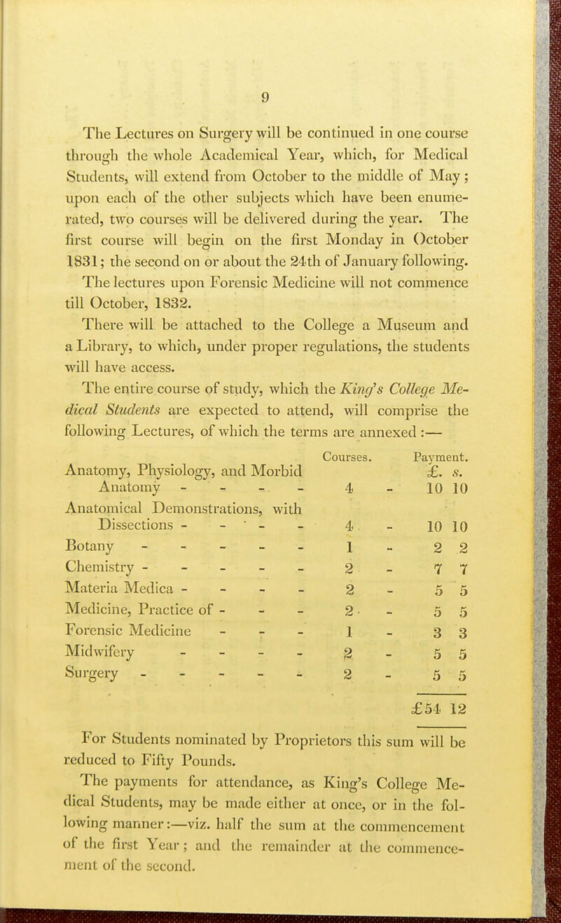 The Lectures on Surgery will be continued in one course through the whole Academical Year, which, for Medical Students, will extend from October to the middle of May ; upon each of the other subjects which have been enume- rated, two courses will be delivered during the year. The first course will begin on the first Monday in October 1831; the second on or about the 24th of January following. The lectures upon Forensic Medicine will not commence till October, 1832. There will be attached to the College a Museum and a Library, to which, under proper regulations, the students will have access. The entire course of study, which the King's College Me- dical Students are expected to attend, will comprise the following Lectures, of which the terms are annexed :— Anatomy, Physiology, and Morbid Anatomy - - - - Courses. 4 Payment. 10 10 Anatomical Demonstrations, with Dissections - - ' - 4. 10 10 Botany - - _ _ _ 1 2 2 Chemistry - - - - _ 2 7 7 Materia Medica - - - _ 2 5 5 Medicine, Practice of - 2- 3 5 Forensic Medicine _ _ _ 1 3 3 Midwifery _ _ _ _ 5 5 Surgery 2 5 5 £34 12 For Students nominated by Proprietors this sum will be reduced to Fifty Pounds. The payments for attendance, as King's College Me- dical Students, may be made either at once, or in the fol- lowing manner:—viz. half the sum at the commencement of the first Year; and the remainder at the commence- ment of the second.