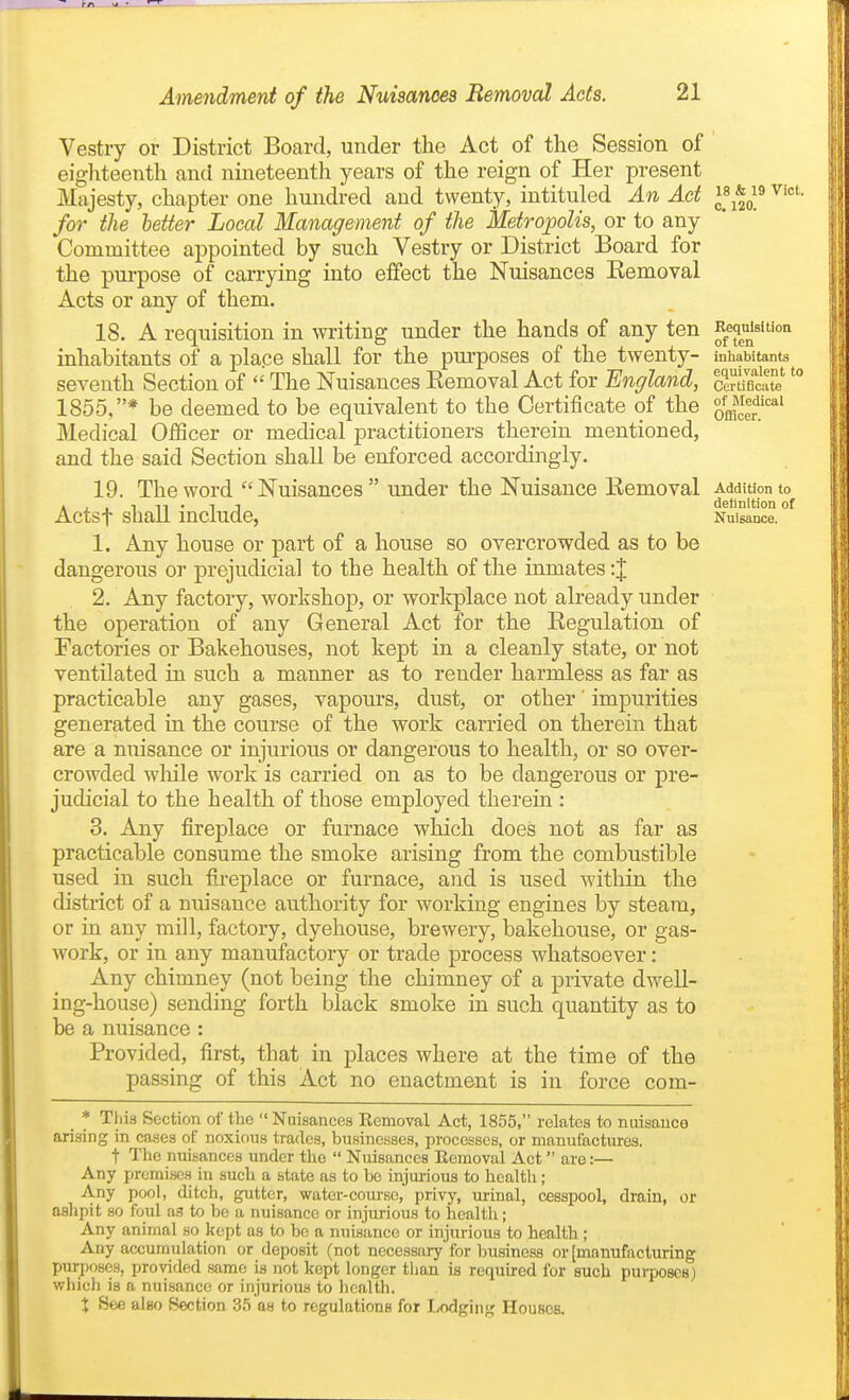 Vestry or District Board, under the Act of the Session of eighteenth and nineteenth years of the reign of Her present Majesty, chapter one hundred and twenty, intituled An Ad &^i9 vict. for the letter Local Management of the Metroj)oUs, or to any Committee appointed by such Vestry or District Board for the purpose of carrying into effect the Nuisances Eemoval Acts or any of them. 18. A requisition in writing under the hands of any ten inhabitants of a place shall for the pm-poses of the twenty- inhabitants seventh Section of  The Nuisances Eemoval Act for England, Certificate 1855,* be deemed to be equivalent to the Certificate of the ^l^]^^ Medical Officer or medical practitioners therein mentioned, and the said Section shall be enforced accordingly. 19. The word Nuisances under the Nuisance Eemoval Addition to . , , T n . IT deUnition of Actsf shall include, Nuisance. 1. Any house or part of a house so overcrowded as to be dangerous or prejudicial to the health of the inmates:% 2. Any factory, workshop, or workplace not already under ■ the operation of any General Act for the Eegulation of Factories or Bakehouses, not kept in a cleanly state, or not ventilated in such a manner as to render harmless as far as practicable any gases, vapours, dust, or other' impurities generated in the course of the work carried on therein that are a nuisance or injurious or dangerous to health, or so over- crowded wliile work is carried on as to be dangerous or pre- judicial to the health of those employed therein : 3. Any fireplace or furnace which does not as far as practicable consume the smoke arising from the combustible used in such fireplace or furnace, and is used within the district of a nuisance authority for working engines by steam, or in any mill, factory, dyehouse, brewery, bakehouse, or gas- work, or in any manufactory or trade process whatsoever: Any chimney (not being the chimney of a private dwell- ing-house) sending forth black smoke in such quantity as to be a nuisance : Provided, first, that in places where at the time of the passing of this Act no enactment is in force com- * This Section of the  Nuisances Removal Act, 1855, relates to nuisance arising in cases of noxious trades, businesses, processes, or manufactures, t The nuisances under the  Nuisances Eemoval Act are:— Any premises in such a state as to be injurious to health; Any pool, ditch, gutter, water-course, privy, urinal, cesspool, drain, or ashpit so foul as; to be a nuisance or injurious to health; Any animal so kept as to bo a nuisance or injurious to health; Any accumulation or deposit (not necessary for business or [manufacturing purposes, provided same is not kept longer tiian is required for such purposes) which is a nuisance or injurious to health. % See also Section .35 as to regulations for Lodging Houses.