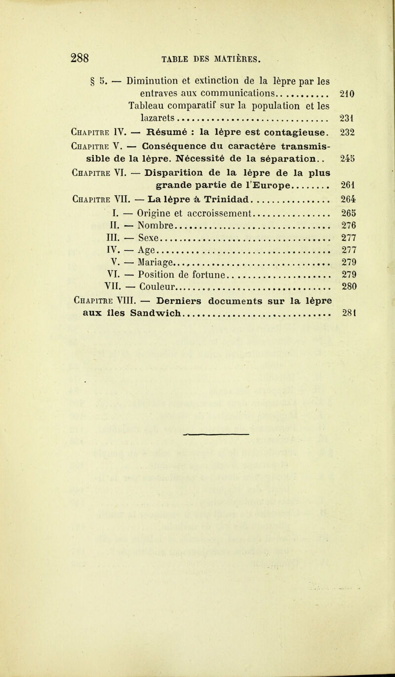 § 5. — Diminution et extinction de la lèpre par les entraves aux communications 210 Tableau comparatif sur la population et les lazarets 231 Chapitre IV. — Résumé : la lèpre est contagieuse. 232 Chapitre V. — Conséquence du caractère transmis- sible de la lèpre. Nécessité de la séparation.. 245 Chapitre VI. — Disparition de la lèpre de la plus grande partie de l'Europe 261 Chapitre VII. — La lèpre k Trinidad 264 I. — Origine et accroissement 265 II. — Nombre 276 m. — Sexe 277 IV.— Age 277 V. — Mariage 279 VI. — Position de fortune 279 VII. — Couleur 280 Chapitre VIII. — Derniers documents sur la lèpre aux îles Sandwich 281