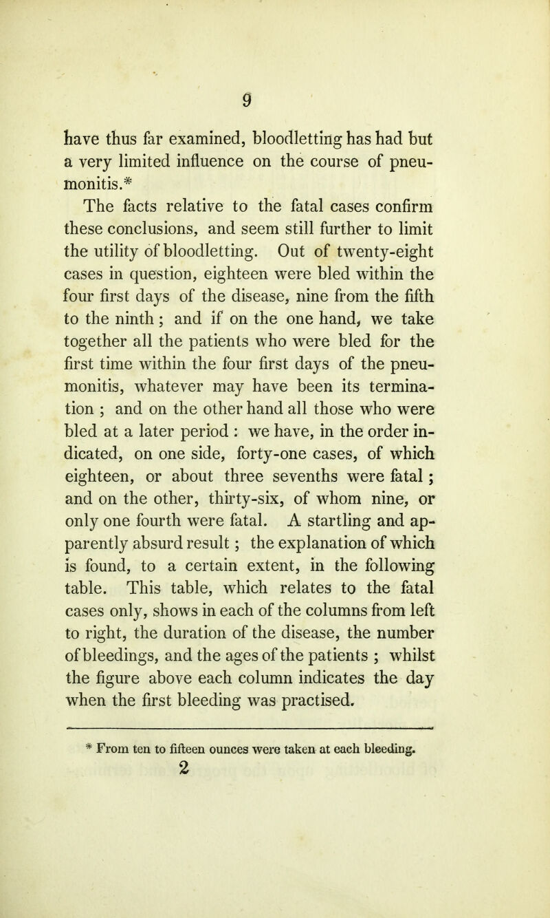 have thus far examined, bloodletting has had but a very limited influence on the course of pneu- monitis.# The facts relative to the fatal cases confirm these conclusions, and seem still further to limit the utility of bloodletting. Out of twenty-eight cases in question, eighteen were bled within the four first days of the disease, nine from the fifth to the ninth ; and if on the one hand, we take together all the patients who were bled for the first time within the four first days of the pneu- monitis, whatever may have been its termina- tion ; and on the other hand all those who were bled at a later period : we have, in the order in- dicated, on one side, forty-one cases, of which eighteen, or about three sevenths were fatal; and on the other, thirty-six, of whom nine, or only one fourth were fatal. A startling and ap- parently absurd result; the explanation of which is found, to a certain extent, in the following table. This table, which relates to the fatal cases only, shows in each of the columns from left to right, the duration of the disease, the number of bleedings, and the ages of the patients ; whilst the figure above each column indicates the day when the first bleeding was practised. From ten to fifteen ounces were taken at each bleeding. 2