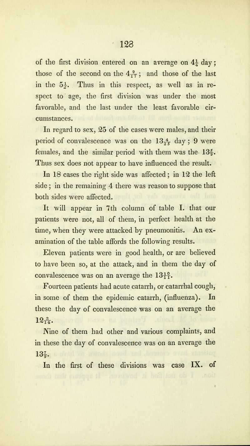 of the first division entered on an average on day; those of the second on the 4X9T; and those of the last in the 5J. Thus in this respect, as well as in re- spect to age, the first division was under the most favorable, and the last under the least favorable cir- cumstances. In regard to sex, 25 of the cases were males, and their period of convalescence was on the IS^j day ; 9 were females, and the similar period with them was the 13|-. Thus sex does not appear to have influenced the result. In 18 cases the right side was affected; in 12 the left side ; in the remaining 4 there was reason to suppose that both sides were affected. It will appear in 7th column of table I. that our patients were not, all of them, in perfect health at the time, when they were attacked by pneumonitis. An ex- amination of the table affords the following results. Eleven patients were in good health, or are believed to have been so, at the attack, and in them the day of convalescence was on an average the 13-Jt- Fourteen patients had acute catarrh, or catarrhal cough, in some of them the epidemic catarrh, (influenza). In these the day of convalescence was on an average the Nine of them had other and various complaints, and in these the day of convalescence was on an average the In the first of these divisions was case IX. of