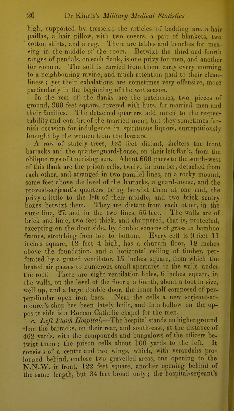 high, supported by tresscls; the articles of beddirif,' are, a hair paillas, a hair pillow, with two covers, a pair of blankets, two ' cotton sliirts, and a rug. Tiicre are tables and benches for mes- eing in the middle of the room. Betwixt the third and fourth ranges of pendals, on each flank, is one privy for men, and another for women. The soil is carried from them early every morning to a neighbouring ravine, and much attention paid to their clean- liness ; yet their exhalations are sometimes very offensive, more particularly in the beginning of the wet season. In the rear of the flanks are the patcherics, two pieces of ground, 300 feet square, covered with huts, for married men and their families. The detached quarters add much to the respec- tability and comfort of the married men ; but they sometimes fur- nish occasion for indulgence in spirituous liquors, surreptitiously brought by the women from the bazaars. A row of stately trees, 125 feet distant, shelters the front barracks and the quarter guard-house, on their left flank, from the oblique rays of the rising sun. About 600 paces to the south-west of this flank are the prison cells, twelve in number, detached from each other, and arranged in two parallel lines, on a rocky mound, some feet above the level of the barracks, a guard-house, and the provost-scrjeant's quarters being betwixt them at one end, the privy a little to the left of their middle, and two brick sentry boxes betwixt them. Tiiey are distant from each other, in the same line, 27, and in the two lines, 55 feet. The walls are of brick and lime, two feet thick, and chuppered, that is, protected, excepting on the door side, by double screens of grass in bamboo frames, stretching from top to bottom. Every cell is 9 feet 11 inches square, 12 feet 4 high, has a chunam floor, 18 inches above the foundation, and a horizontal ceiling of timber, per- forated by a grated ventilator, 15 inches square, from which the heated air passes to numerous small apertures in the walls under the roof. There are eight ventilation holes, 6 inches square, in the walls, on the level of the floor ; a fourth, about a foot in size, •well up, and a large double door, the inner half composed of per- pendicular open iron bars. Near the cells a new serjeant-ar- inourer's shop has been lately built, and in a hollow on the op- posite side is a Roman Catholic chapel for the men. c. Left Plank Hospital.—The hospital stands on higher ground than the barracks, on their rear, and south-east, at the distance of 462 yards, with the compounds and bungalows of the officers be- twixt them ; the prison cells about 100 yards to the left. It consists of a centre and two wings, which, with verandahs pro- longed behind, enclose two gravelled areas, one opening to the N.N.W. in front, 122 feet square, another opening behind of the same length, but 34 feet broad only ; the hospitaUserjeant's