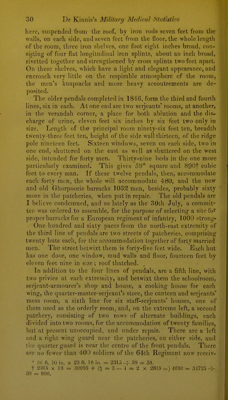 liere, suspended from the roof, by iron rods seven feet from the ■walls, on each side, and seven feet from the floor, the whole length of the room, three iron shelves, one foot eiglit inches broad, con- sisting of four flat longitudinal iron splints, about an inch broad, rivettod together and strengthened by cross splints two feet apart. On these shelves, which have a light and elegant appearance, and encroach very little on the rcspirable atmosphere of the room, the men's knapsacks and more heavy accoutrements are de- posited. The older pendals completed in 1846, form the third and fourth lines, six in each. At one end are two Serjeants'' rooms, at another, in the verandah corner, a place for both ablution and the dis- charge of urine, eleven feet six inches by six feet two only in size. Length of the principal room ninety-six feet ten, breadth twenty-three feet ten, height of the side wall thirteen, of the ridge pole nineteen feet. Sixteen windows, seven on each side, two in one end, shuttered on the east as well as shuttered on the west side, intended for forty men. Thirty-nine beds in the one more particularly examined. This gives 59* square and 8901 cubic feet to every man. If these twelve pendals, then, accommodate each forty mun, the whole will accommodate 480, and the new and old Giiorpoorie barracks 1032 men, besides, probably sixty more in the patcheries, when put in repair. The old pendals are I believe condemned, and so lately as the 30th July, a commit- tee was ordered to assemble, for the purpose of selecting a site fo^ proper barracks for a European regiment of infantry, 1000 strong- One hundred and sixty paces from the north-east extremity of the third line of pendals are two streets of patcheries, comprising twenty huts each, for the accommodation together of forty married men. The street betwixt them is forty-five feet wide. Each hut has one door, one window, mud walls and floor, fourteen feet by eleven feet nine in size ; roof thatched. , In addition to the four lines of pendals, are a fifth line, with two privies at each extremity, and betwixt them the schoolroom, serjcant-armourer's shop and house, a cooking house for each wing, the quarter-master-serjeant's store, the canteen and Serjeants'' mess room, a sixth line for six staff-Serjeants' houses, one of them used as tlie orderly room, and, on the extreme left, a second patchery, consisting of two rows of alternate buildings, each divided into two rooms, for the accommodation of twenty families, but at present unoccupied, and under repair. There arc a left and a right wing guard near the patcheries, on citlier side, and the quarter guard is near the centre of the front pendals. Tiiere are no fewer than 400 soldiers of the 64th Regiment now rccciv- * ;)() ft. 10 in. X 23 ft. 10 in. = 2315 -4- 39 = 59. t 2:)I5 X 13 = 30095 + (« = 3 — 1 = 2 x 2815=) 4630 = 34725 39 = 890.