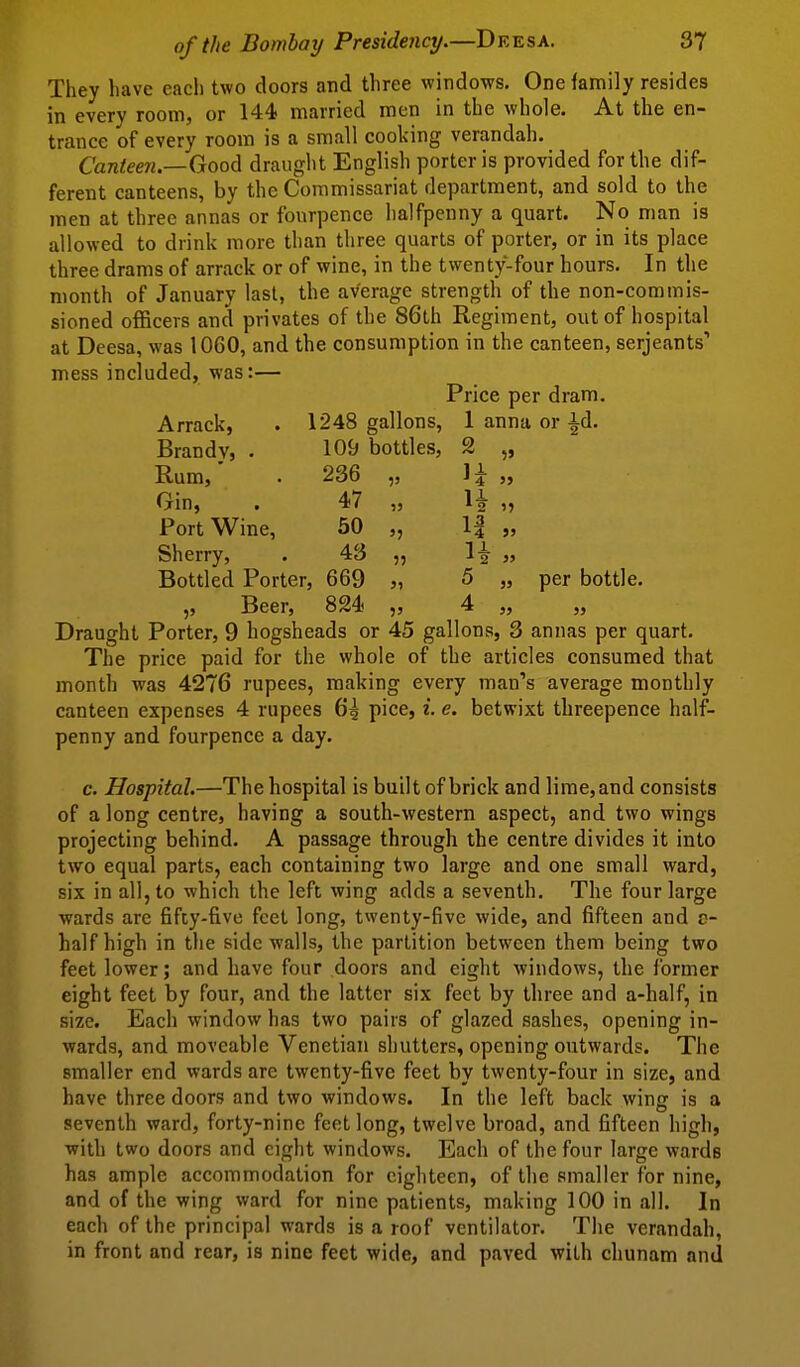 They have each two doors and three windows. One family resides in every room, or 144 married men in the whole. At the en- trance of every room is a small cooking verandah. Canteen.—(joo^ draught English porter is provided for the dif- ferent canteens, by the Commissariat department, and sold to the men at three annas or fonrpence halfpenny a quart. No man is allowed to drink more than three quarts of porter, or in its place three drams of arrack or of wine, in the twenty-four hours. In the month of January last, the average strength of the non-commis- sioned officers and privates of the 86th Regiment, out of hospital at Deesa, was 1060, and the consumption in the canteen, Serjeants' mess included, was:— Price per dram. Arrack, . 1248 gallons, 1 anna or ^d. Brandv, . 109 bottles, 2 „ Rum,' . 236 „ Ji „ Gin, . 47 „ H ■>•) Port Wine, 50 „ 1| „ Sherry, . 43 „ H „ Bottled Porter, 669 j, 5 „ per bottle. „ Beer, 824 „ 4 „ „ Draught Porter, 9 hogsheads or 45 gallons, 3 annas per quart. The price paid for the whole of the articles consumed that month was 4276 rupees, making every man's average monthly canteen expenses 4 rupees 6| pice, i. e. betwixt threepence half- penny and fourpence a day. c. Hospital.—The hospital is built of brick and lime,and consists of a long centre, having a south-western aspect, and two wings projecting behind. A passage through the centre divides it into two equal parts, each containing two large and one small ward, six in all, to which the left wing adds a seventh. The four large wards arc fifcy-five feet long, twenty-five wide, and fifteen and c- half high in the side walls, the partition between them being two feet lower; and have four doors and eight windows, the former eight feet by four, and the latter six feet by three and a-half, in size. Each window has two pairs of glazed sashes, opening in- wards, and moveable Venetian shutters, opening outwards. The smaller end wards are twenty-five feet by twenty-four in size, and have three doors and two windows. In the left back wing is a seventh ward, forty-nine feet long, twelve broad, and fifteen high, with two doors and eight windows. Each of the four large wards has ample accommodation for eighteen, of the smaller for nine, and of the wing ward for nine patients, making 100 in all. In each of the principal wards is a roof ventilator. The verandah, in front and rear, is nine feet wide, and paved with chunam and