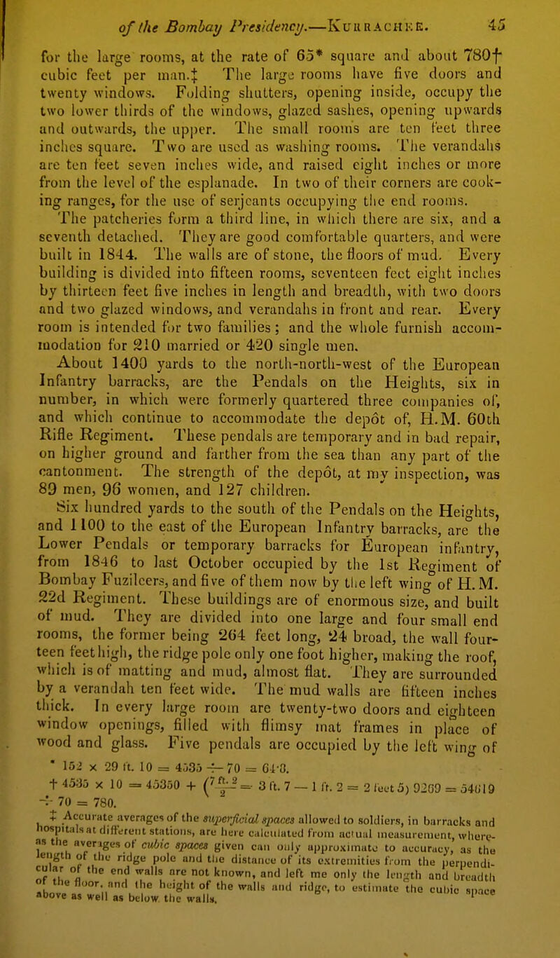 for the large rooms, at the rate of 65* square and about 780f cubic feet per man.J The largo rooms have five doors and twenty windows. Folding shutters, opening inside, occupy the two lower thirds of the windows, glazed sashes, opening upwards and outwards, the upper. Tiie small rooms are ten feet three inches square. Two are used as washing rooms. Tiie verandahs are ten feet seven inches wide, and raised eight inches or more from the level of the esplanade. In two of their corners are cook- ing ranges, for the use of serjcants occupying the end rooms. The patcheries form a third line, in which there are six, and a seventh detached. They are good comfortable quarters, and were built in 1844. The walls are of stone, the floors of mud. Every building is divided into fifteen rooms, seventeen feet eight inches by thirteen feet five inches in length and breadth, with two doors and two glazed windows, and verandahs in front and rear. Every room is intended for two families; and the wliole furnish accom- luodalion for 210 married or 420 single men. About 1400 yards to the north-north-west of the European Infantry barracks, are the Pendals on the Heights, six in number, in which were formerly quartered three companies of, and which continue to accommodate the depot of, H.M. 60th Rifle Regiment. These pendals are temporary and in bad repair, on higher ground and farther from the sea than any part of the cantonment. The strength of the depot, at my inspection, was 89 men, 96 women, and 127 children. Six hundred yards to the south of the Pendals on the Heights, and 1100 to the east of the European Infantry barracks, are the Lower Pendals or temporary barracks for European infantry, from 1846 to last October occupied by the 1st Regiment of Bombay Fuzilcers, and five of them now by tlie left wing of H.M. 22d Regiment. These buildings are of enormous size, and built of mud. They are divided into one large and four small end rooms, the former being 264 feet long, '24 broad, the wall four- teen feet high, the ridge pole only one foot higher, making the roof, which is of matting and mud, almost flat. They are surrounded by a verandah ten feet wide. The mud walls are fifteen inches thick. In every large room are twenty-two doors and eighteen window openings, filled with flimsy mat frames in place of wood and glass. Five pendals are occupied by the left wing of * 152 X 29 ft. 10 = 4035 70 = 64-8. t 4535 X 10 = 45350 + =• 3 ft. 7 - 1 ft. 2 = 2 (et-t 5) 9209 = 54019 -:• 70 = 780. X Accurate averages of the superficid. spaces allowed to soldiers, in barracks and hospitalsat different stations, are here calculated from ac'ual measurement, where- as the avenges of cubic spaces given can only appruxnnato to accuracy, as tha length of the ridge pole and the distance of its extremities from the iieruendi- cular ol the end walls nrc not known, and left mo only the h-n-th and breadth ahnvJ' •l' •-■'g'^' °^ 'he walls and ridge, t,. estimate the cubic space above as well as below, the walls. '