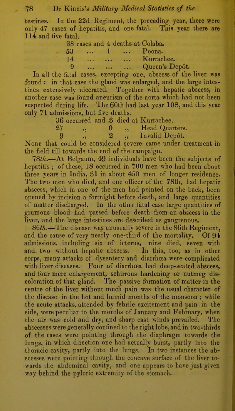 testines. In the 22d Regiment, the preceding year, there were only 47 cases of hepatitis, and one fatal. This year there are 114 and five fatal, 38 cases and 4 deaths at Colaba. . 63 ... 1 ... Poona. 14 Kurrachee. 9 Queen's Depot In all the fatal cases, excepting one, abscess of the liver was found : in that case the gland was enlarged, and the large intes- tines extensively ulcerated. Together with hepatic abscess, in another case was found aneurism of the aorta which had not been suspected during life. The 60th had last year 108, and this year only 71 admissions, but five deaths. 36 occurred and 3 died at Kurrachee, 27 „ 0 „ Head Quarters. 9 ,j 2 ,, Invalid Depot. None that could be considered severe came under treatment in the field till towards the end of the campaign. ISth.—At Belgaum, 49 individuals have been the subjects of hepatitis ; of these, 18 occurred in 700 men who had been about three years in India, 31 in about 450 men of longer residence. The two men who died, and one officer of the 78th, had hepatic abscess, which in one of the men had pointed on the back, been opened by incision a fortnight before death, and large quantities of matter discharged. In the other fatal case large quantities of grumous blood had passed before death from an abscess in the liver, and the large intestines are described as gangrenous. 86M.—The disease was unusually severe in the 86th Regiment, and the cause of very nearly one-third of the mortality. Of 9-i admissions, including six of icterus, nine died, seven with and two without hepatic abscess. In this, too, as in other corps, many attacks of dysentery and diarrhoea were complicated with liver diseases. Four of diarrhoea had deep-seated abscess, and four mere enlargement, schirrous hardening or nutmeg dis- coloration of that gland. The passive formation of matter in the centre of the liver without much pain was the usual character of the disease in the hot and humid months of the monsoon ; while the acute attacks, attended by febrile excitement and pain in the side, were peculiar to the months of January and February, when the air was cold and dry, and sharp east winds prevailed. The abscesses were generally confined to the right lobe, and in two-thirds of the cases were pointing through the diaphragm towards the lungs, in which direction one had actually burst, partly into the thoracic cavity, partly into the lungs. In two instances the ab- scesses were pointing through the concave surface of the liver to- wards the abdominal cavity, and one appears to have just given way behind the pyloric extremity of the stomach.