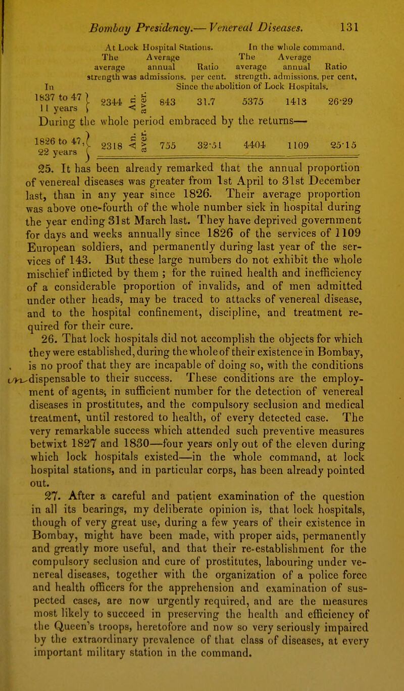 At Luck Hospital Stations. In the whole cominand. The Average The Average average annual Ratio average annual Ratio strength was admissions, per cent, strength, admissions, per cent, In Since the abolition of Lock Hospitals. 1837 to 47 ) 2344 c 843 31.7 5375 1413 26-29 11 years \ < % During the whole period embraced by the returns— 1826to47,C 2318 •< I 755 32-51 4404 1109 25-15 a2 years t 25. It has been already remarked that the annual proportion of venereal diseases was greater from 1st April to 31st December last, than in any year since 1826. Their average proportion was above one-fourth of the whole number sick in hospital during the year ending 31st March last. They have deprived government for days and weeks annually since 1826 of the services of 1109 European soldiers, and permanently during last year of the ser- vices of 143. But these large numbers do not exhibit the whole mischief inflicted by them ; for the ruined health and inefficiency of a considerable proportion of invalids, and of men admitted under other heads, may be traced to attacks of venereal disease, and to the hospital confinement, discipline, and treatment re- quired for their cure. 26. That lock hospitals did not accomplish the objects for which they were established, during the whole of their existence in Bombay, is no proof that they are incapable of doing so, with the conditions t/K^dispensable to their success. These conditions are the employ- ment of agents-, in sufficient number for the detection of venereal diseases in prostitutes, and the compulsory seclusion and medical treatment, until restored to health, of every detected case. The very remarkable success which attended such preventive measures betwixt 1827 and 1830—four years only out of the eleven during which lock hospitals existed—in the whole command, at lock hospital stations, and in particular corps, has been already pointed out. 27. After a careful and patient examination of the question in all its bearings, my deliberate opinion is, that lock hospitals, though of very great use, during a few years of their existence in Bombay, might have been made, with proper aids, permanently and greatly more useful, and that their re-establishment for the compulsory seclusion and cure of prostitutes, labouring under ve- nereal diseases, together with the organization of a police force and health officers for the apprehension and examination of sus- pected cases, are now urgently required, and are the measures most likely to succeed in preserving the health and efficiency of the Queen^s troops, heretofore and now so very seriously impaired by the extraordinary prevalence of that class of diseases, at every important military station in the command.