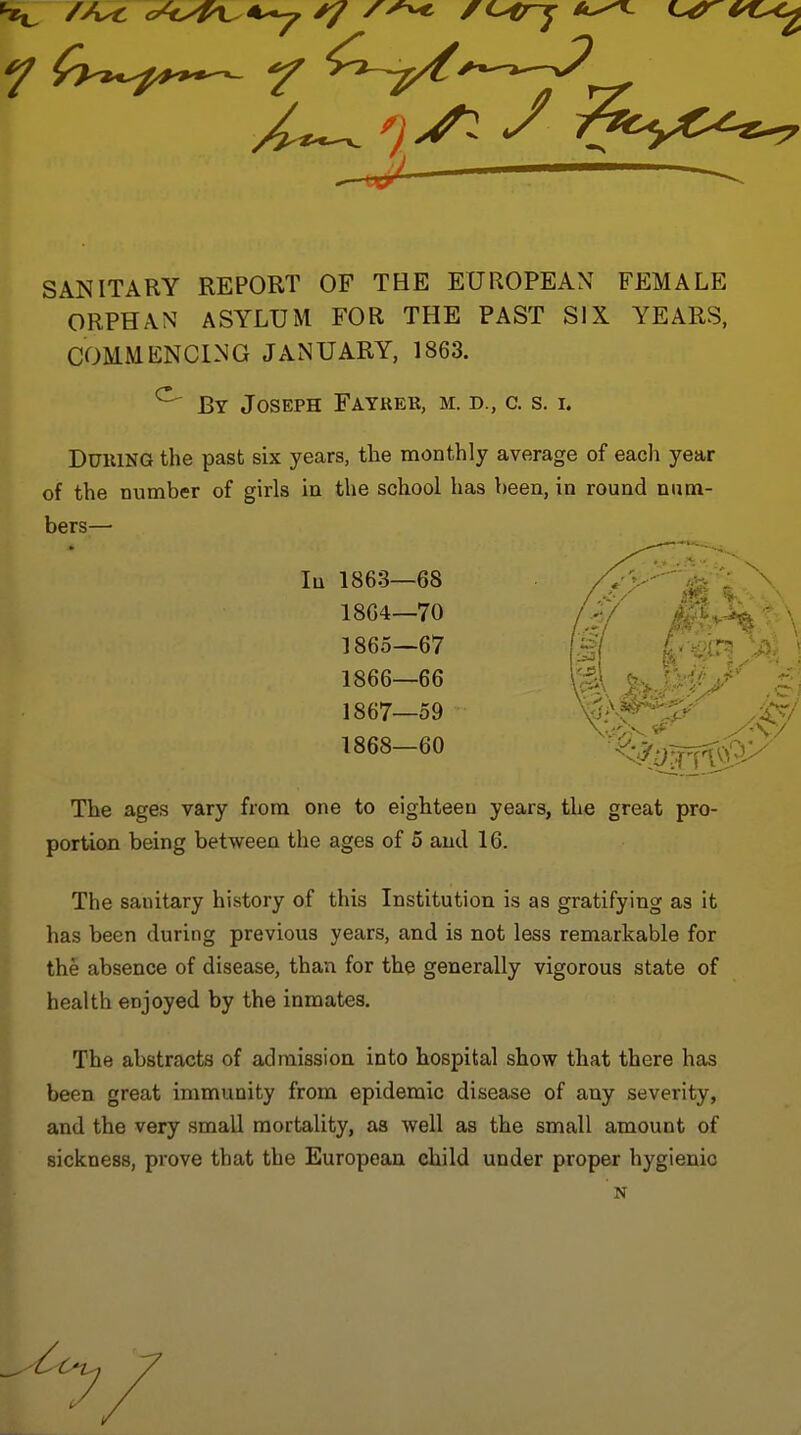 SANITARY REPORT OF THE EUROPEAN FEMALE ORPHAN ASYLUM FOR THE PAST SIX YEARS, C0M.MENC1NG JANUARY, 1863. ^ By Joseph Fayuek, m. d., c. s. i. DuiUNG the past six years, the monthly average of eacli year of the number of girls in the school has been, in round num- bers—■ lu 1863—68 1864— 70 1865— 67 1866— 66 ^ '^fP^y^ 1867— 59 1868— 60 %^gfg?^ The ages vary from one to eighteen years, the great pro- portion being between the ages of 5 and 16. The sanitary history of this Institution is as gratifying as it has been during previous years, and is not less remarkable for the absence of disease, than for the generally vigorous state of health enjoyed by the inmates. The abstracts of admission into hospital show that there has been great immunity from epidemic disease of any severity, and the very small mortality, as well as the small amount of sickness, prove that the European child under proper hygienic N