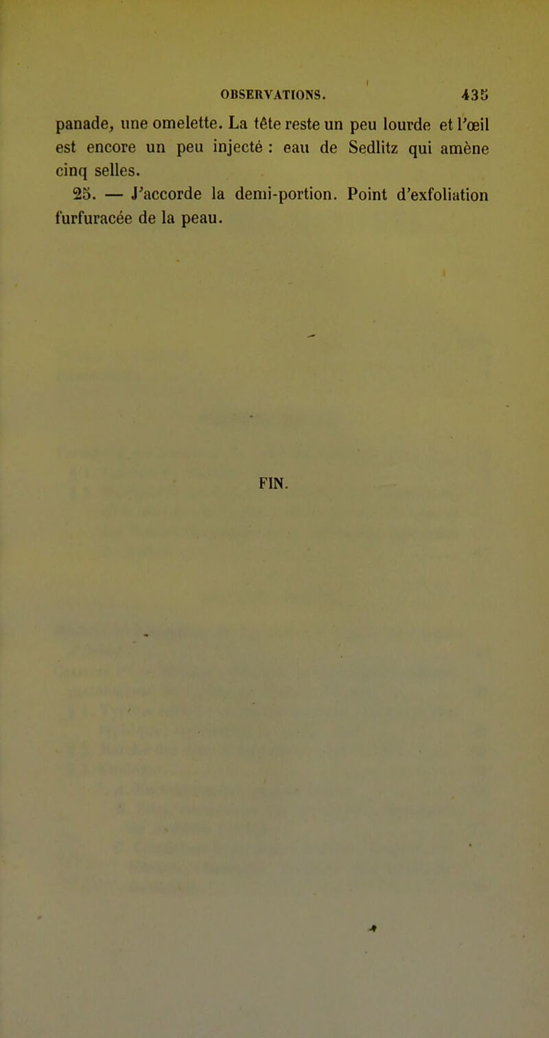 panade, une omelette. La tête reste un peu lourde et l'œil est encore un peu injecté : eau de Sedlitz qui amène cinq selles. 25. — J'accorde la demi-portion. Point d'exfoliation furfuracée de la peau. FIN.